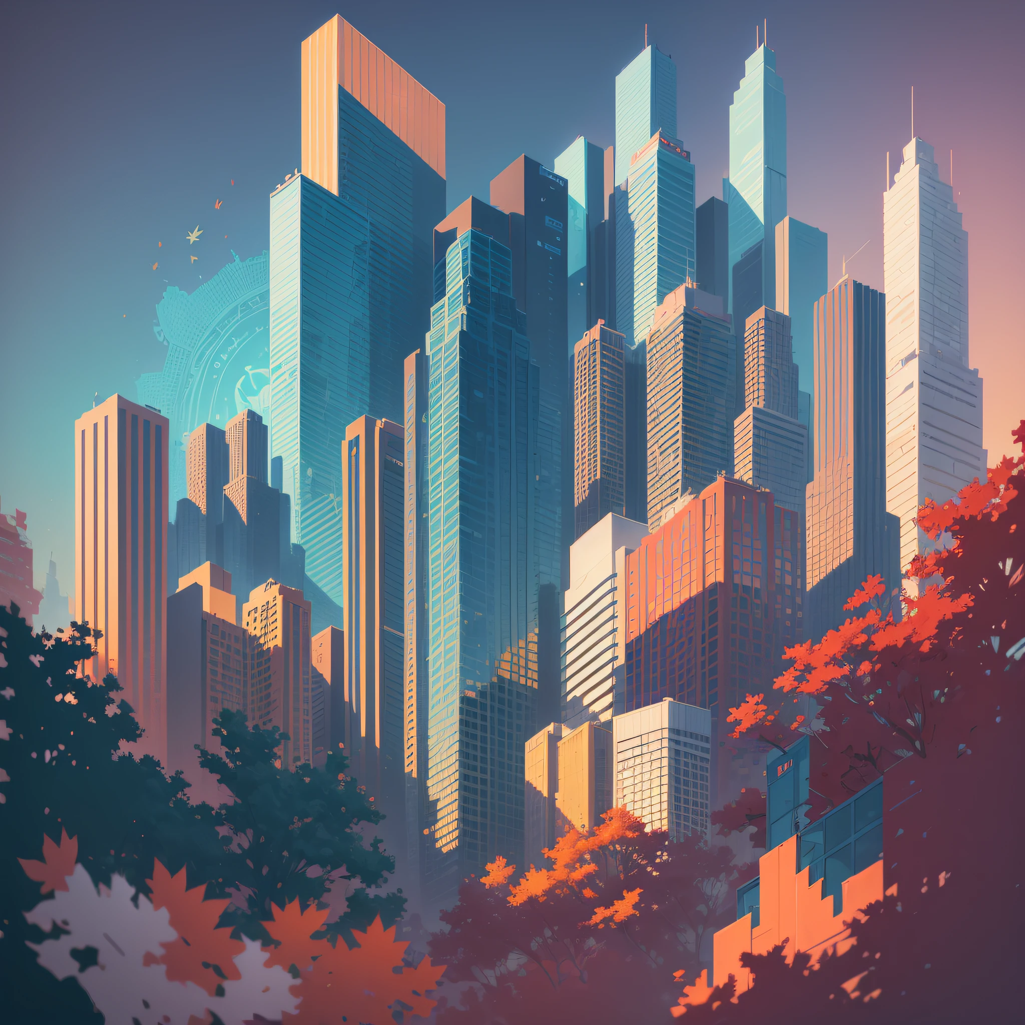 (((Beautiful sunset city building art))), (Bevel cutout composition, city building around the sun), bottom right corner (vermilion maple leaf + blue-green plant), Best image quality, Best quality, Deep space behind the sun, zchn style, official, masterpiece, beautiful, high contrast, art, illustration, subtle colors, outlines, subtle colors, post junk, concept art, paint splash, intricate details. Very detailed, trending on artstation, by josan gonzales and wlop, by james jean, Victo ngai, David Rubn, Mike Mignola, Laurie Greasley --auto --s2