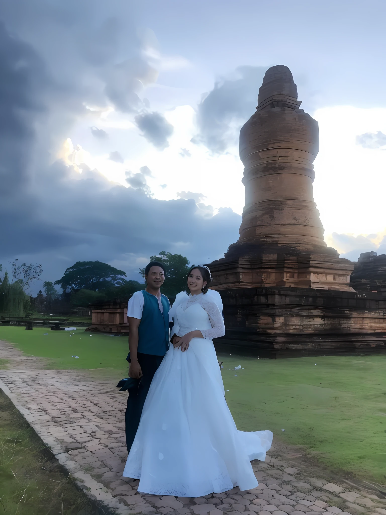 bride and groom pose for a picture in front of a large stone structure, during sunset, in front of a temple, temple in the background, in front of the temple, sukhothai costume, ruins in the background, historical setting, with a castle in the background, at an ancient city, 155 cm tall, ancient ruins in the background