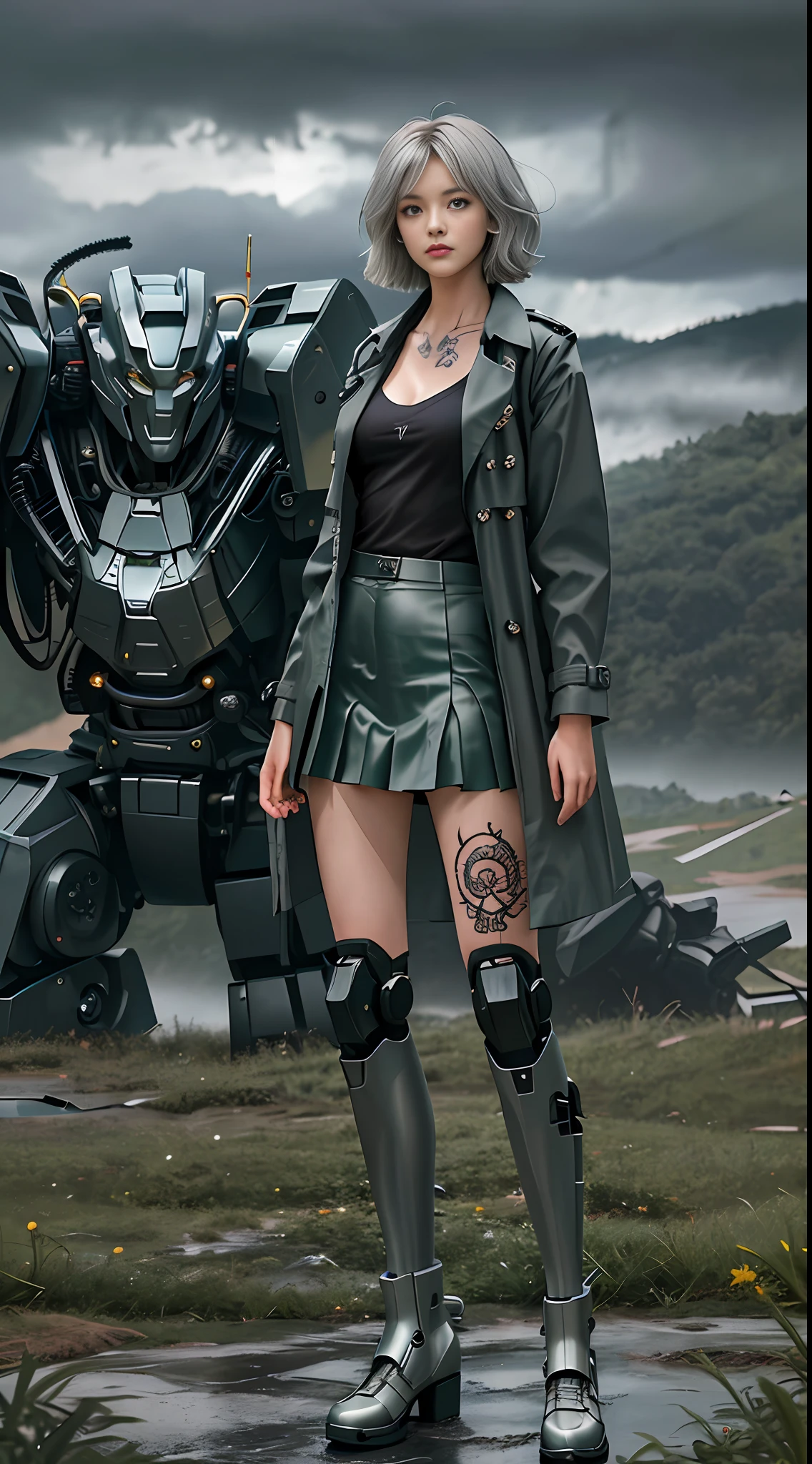Fine, masterpiece, complex huge transformer, a girl standing in front of a robot, short silver hair, messy hair, beautiful, pretty, mature, tattoo, school uniform, black trench coat, small breasts, green long skirt, front shot, apocalyptic landscape, realism, rainy day, 4K, static, movie 1:1