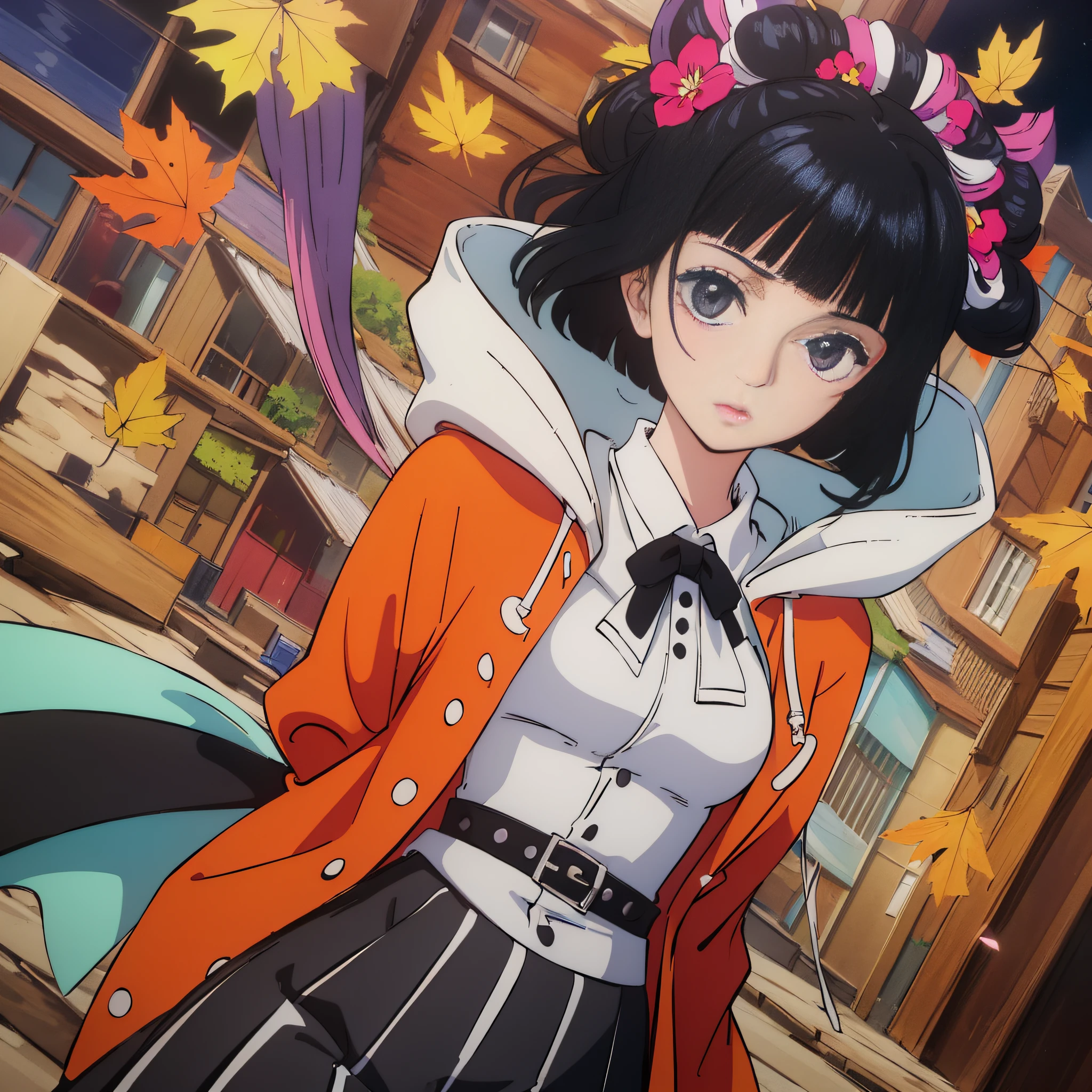 ((((Best Quality))(((Ultra Detail)))),(((Masterpiece))), Official Art, Unified 8k Resolution CG Wallpaper, Autumn Night, Country Landscape, Absurdity, Manga Style, 18 Year Old Bride, 1 Girl, Black Hair, Asymmetrical Bangs, Beautiful and Delicate Eyes with Black Iris, Sideways Standing, Hoodie, Pleated Skirt, Jacket, Tie, Side Body, Eyes, Adjustable Hair, Hairpins,
