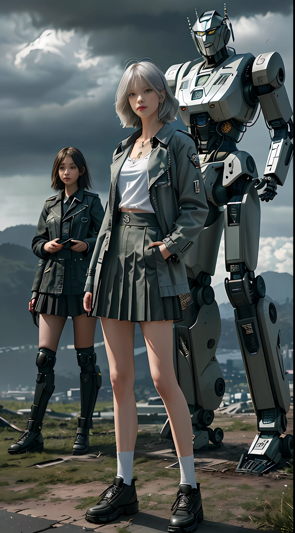 Fine, masterpiece, complex huge transformer, a teenage girl standing in front of a robot, short silver hair, messy hair, beautiful, pretty, mature, tattoo, school uniform, black trench coat, small breasts, green long skirt, front shot, apocalyptic landscape, realism, rainy day, 4K, static, movie 1:1