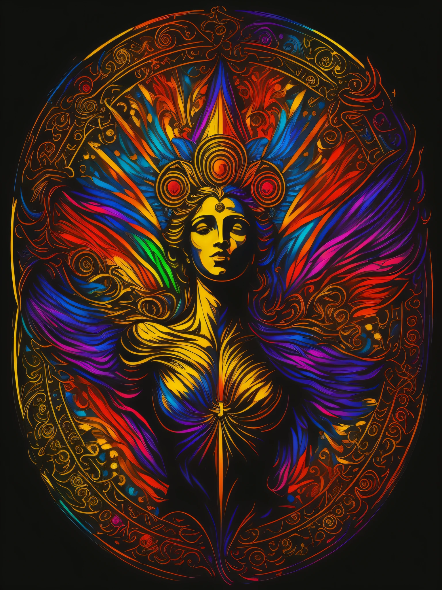 Masterpiece, highest quality, super detail), 8K resolution, (((One Virgin placed in large center)), (black background), ((rich colors)), ((bright colors)), (full-length portraits), (symmetry), (vertical symmetry), t-shirt design, (religious symbolism), (inspired by St. Mary), (added details)
