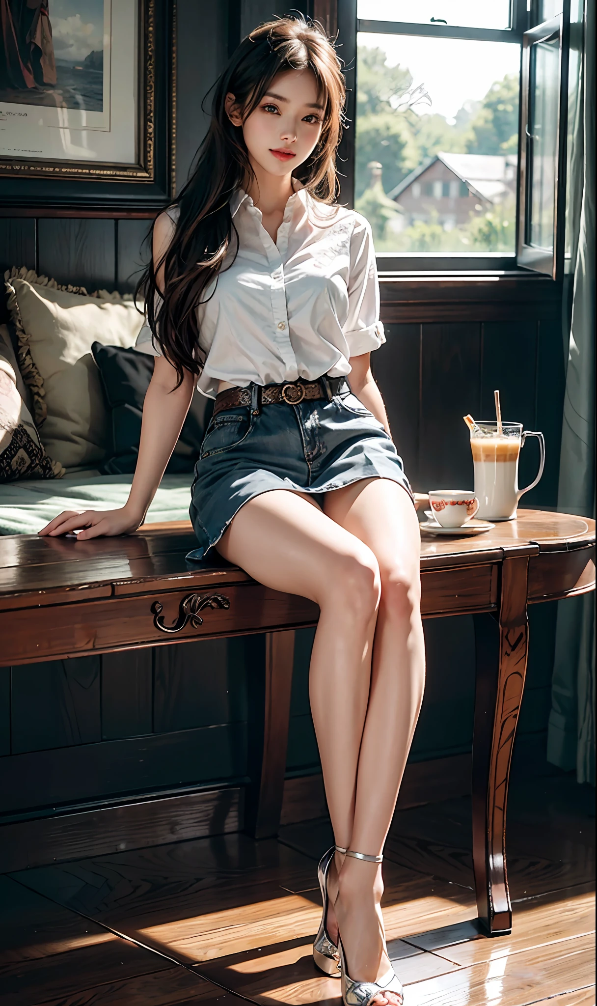 NSFW, (8k, best quality, master:1.2), (realistic, photo-realistic:1.37), super detailed, 1 girl, looking at the audience, cute, beautiful detailed sky, detailed café, sitting at the table for afternoon tea, full body, (smile:1.15), shut up, mid-chest, burst shirt buttons, beautiful delicate eyes, (collared shirt: 1.1), daytime, sunlight, white lace, ( Long hair: 1.4), shoulder-length hair, silver hair, uniform, white skin, movie lights, street lights, (sexiest actress: 1.4), full body photos, (coffee table:1), (handbag: 1), ulzzang-6500-v1.1:0.3, karinak-4501-6300:1.2, long legs, high heels,