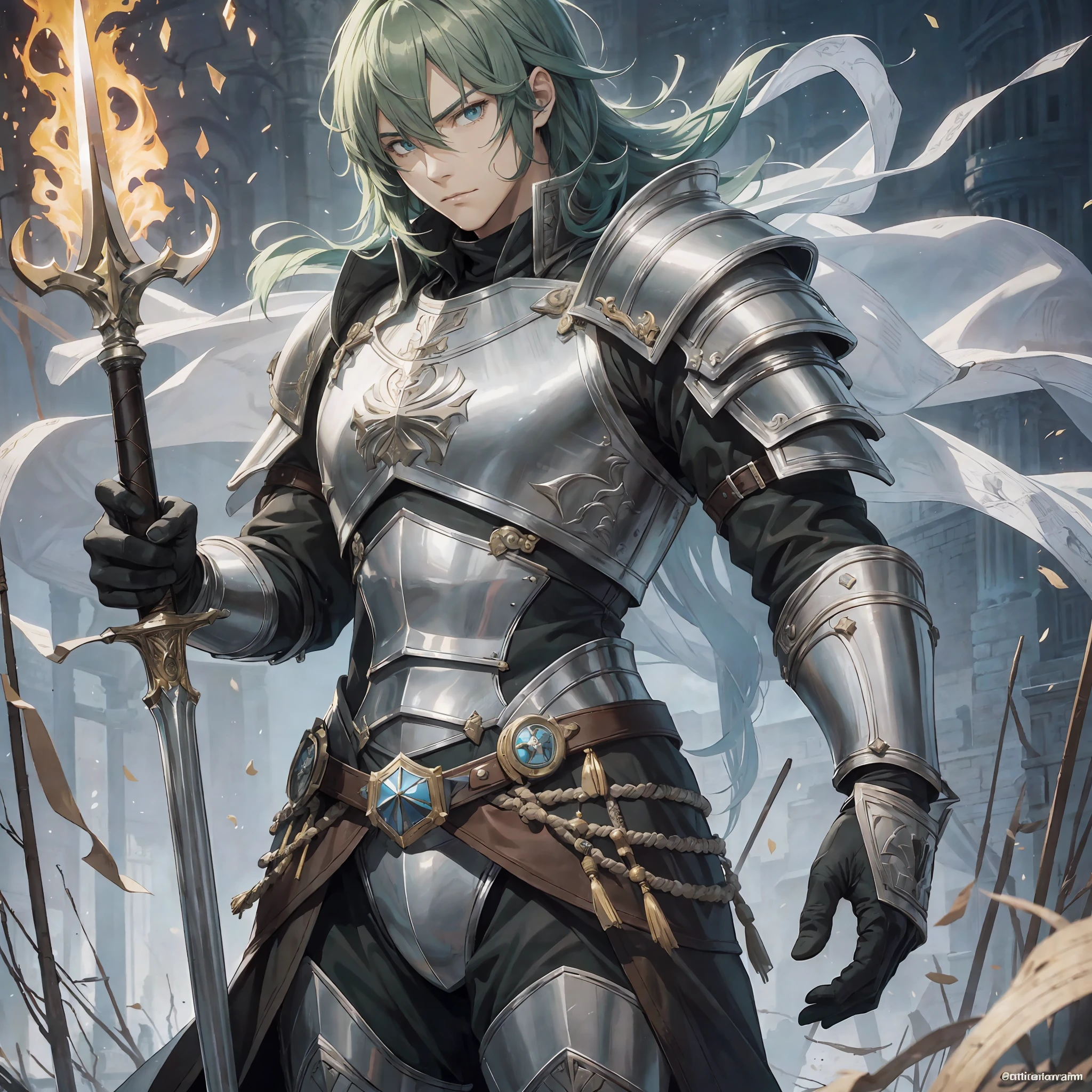 masterpiece, nikon raw photo, 8k, Fujifilm XT3,adult knight, green hair, holding a spear, fire emblem, RPG, fantasy, on the road, male, (bottom:1.1),real human skin, (insanely detailed, emperor: 1.5), serious look, history, role-playing game, dark fantasy, whole body, the most beautiful artwork in the world, solo man, solo, big eyes, looking at the viewer, detailed eyes, bright eyes, epic composition, vary, incomparable masterpiece, perfect artwork, ((perfect male figure)), narrow waist, high sharpness, ((detailed face and eyes)), best quality, knight's armor, dark fantasy knight, --auto --s2