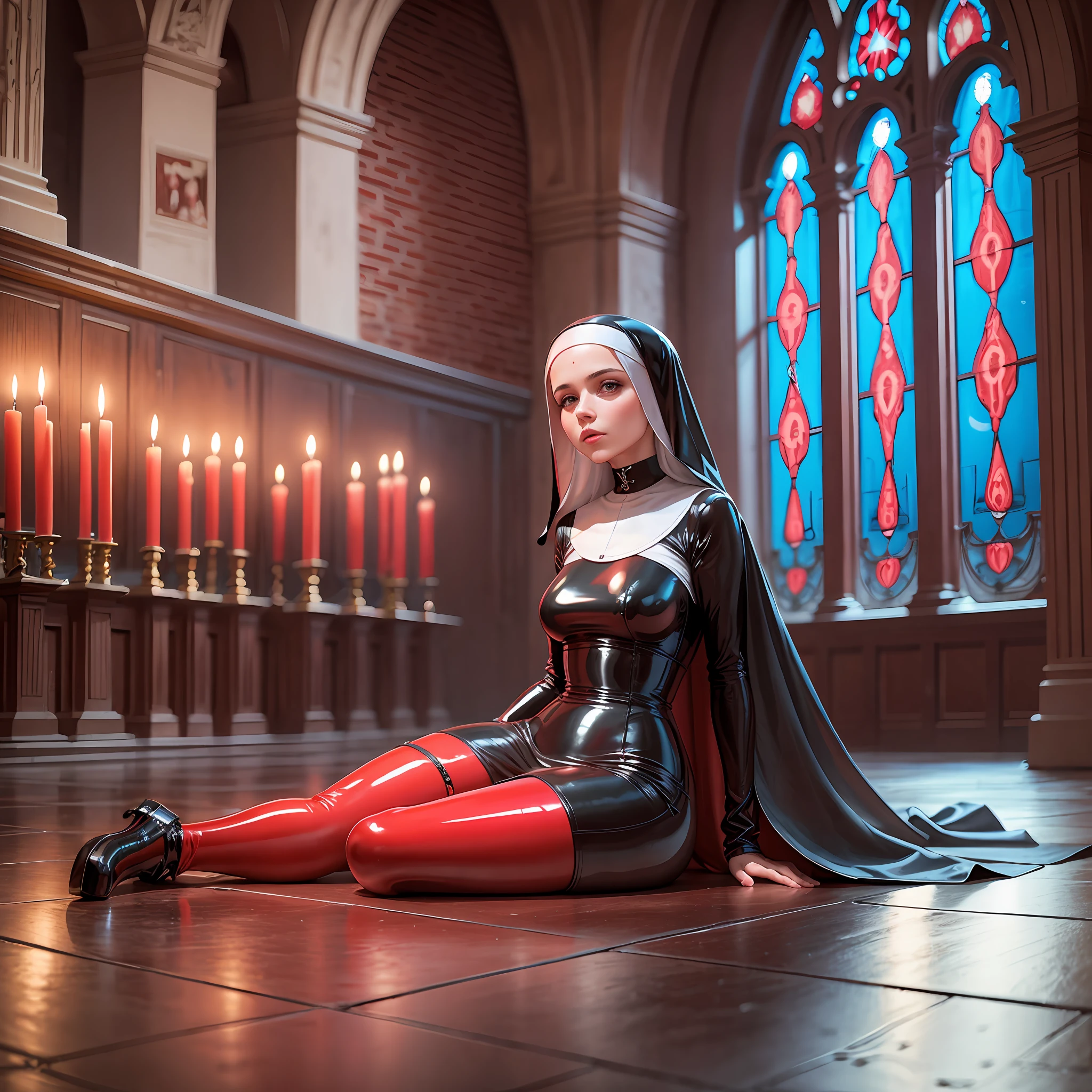Nun dressed in latex sitting on the floor of the church in a sensual way surrounded by red candles in phallic shapes that are melting --auto --s2
