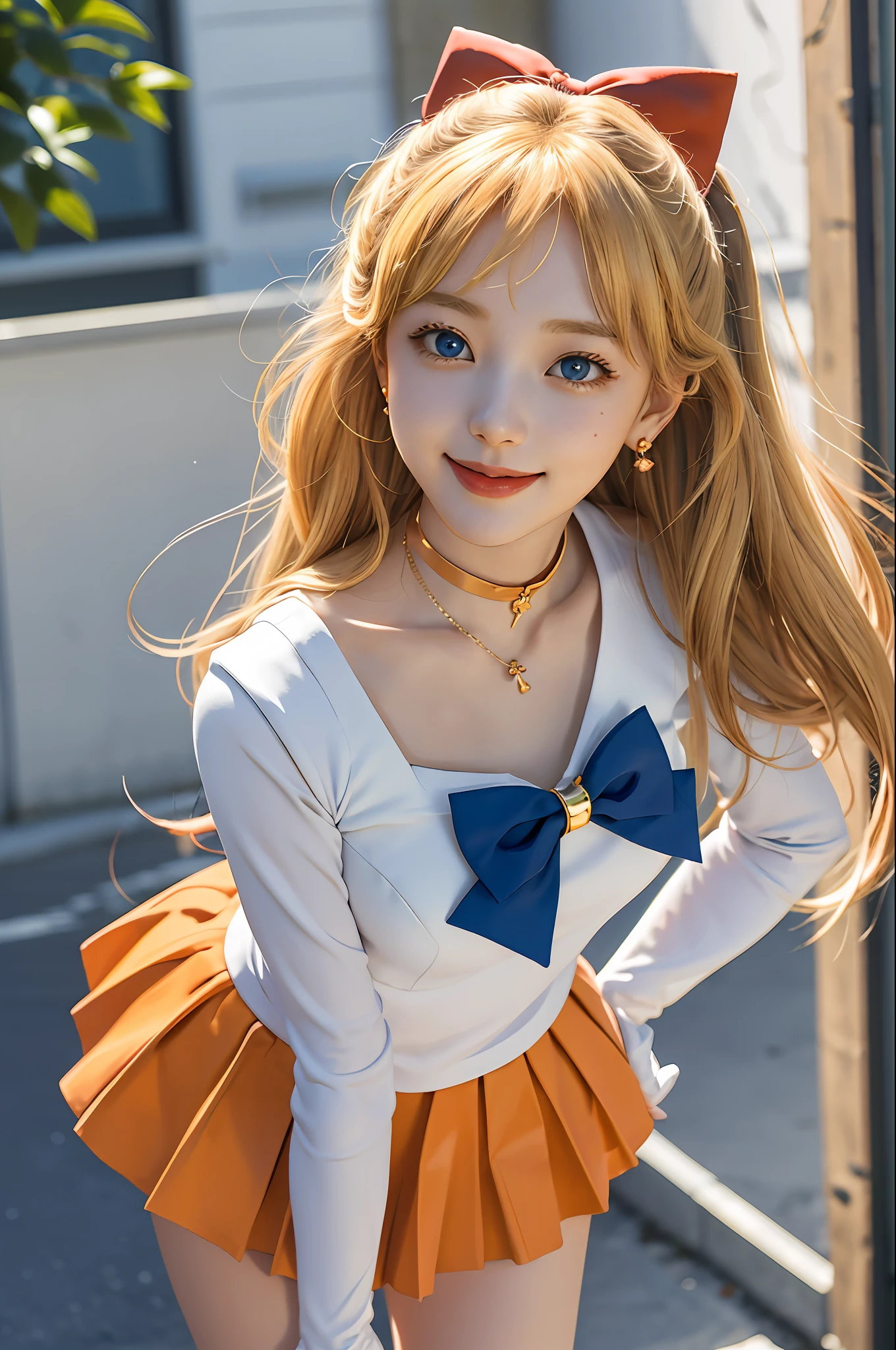 masterpiece, best quality, highres, venus1, 1girl, solo, sailor senshi uniform, sailor venus, aino minako, blonde hair, magical girl, blue eyes, orange skirt, elbow gloves, tiara, pleated skirt, hair bow, orange sailor collar, miniskirt, choker, red bow, orange choker, white gloves, very long hair,  jewelry,  earrings, hand on hip, bent over, leaning forward, smile, open mouth, street,