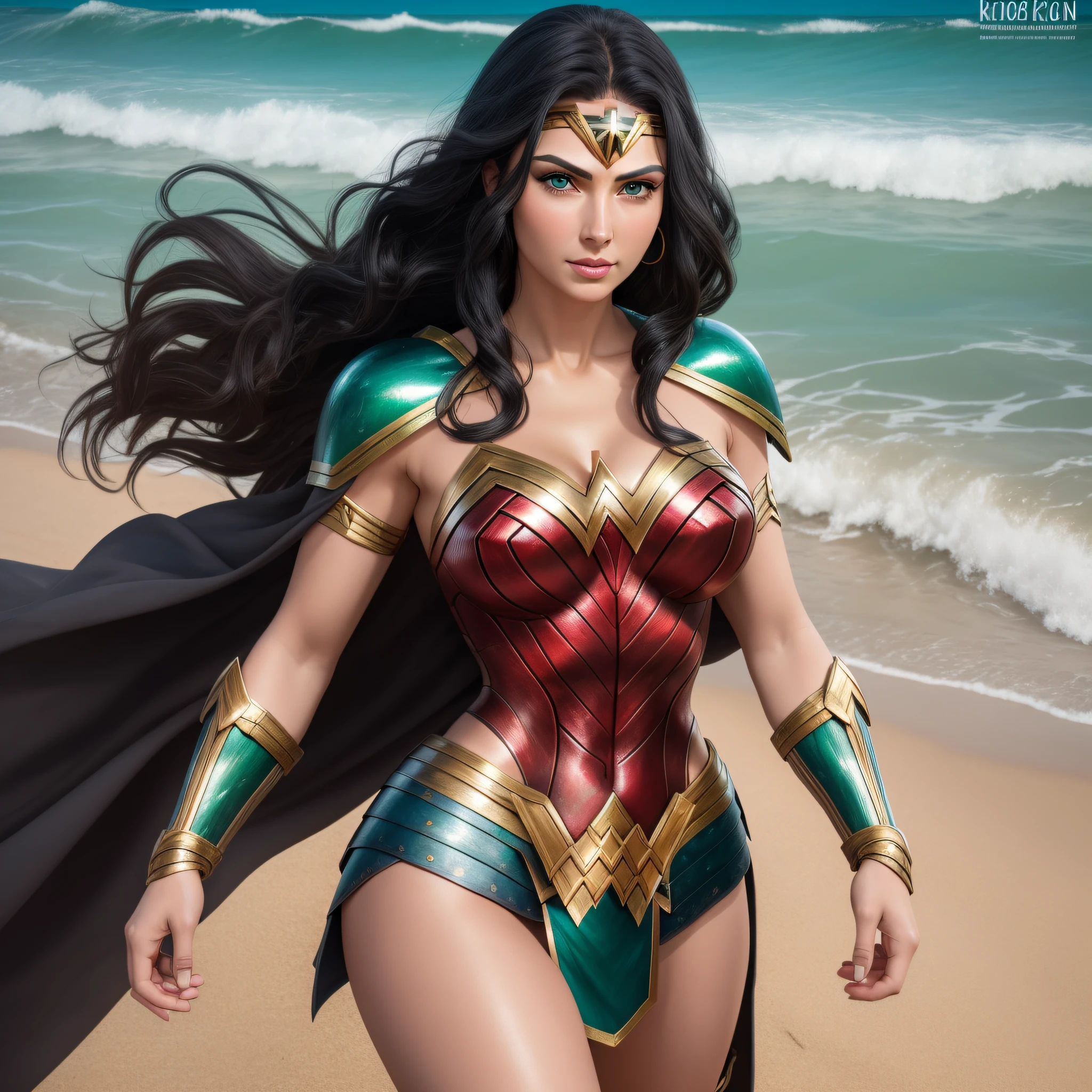 Woman, (ultra realistic face) (ultra realistic green eyes) black hair, Greek goddess, on a beach, wonder woman, with armor showing her sexy body ((8k))