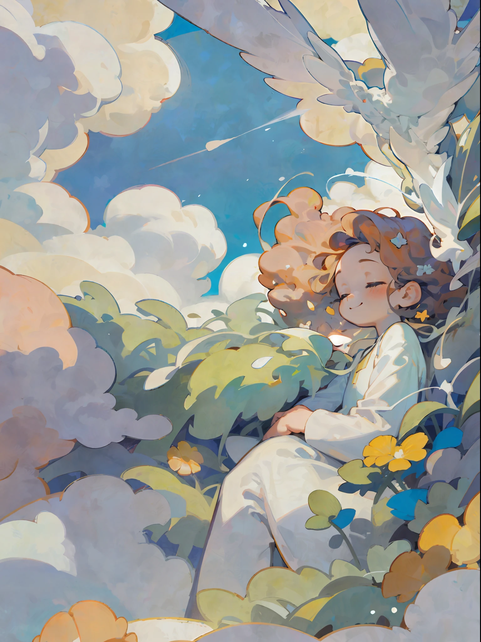 A small child, angel sleeping in the clouds, smiling, sunny, warm, perfect composition
