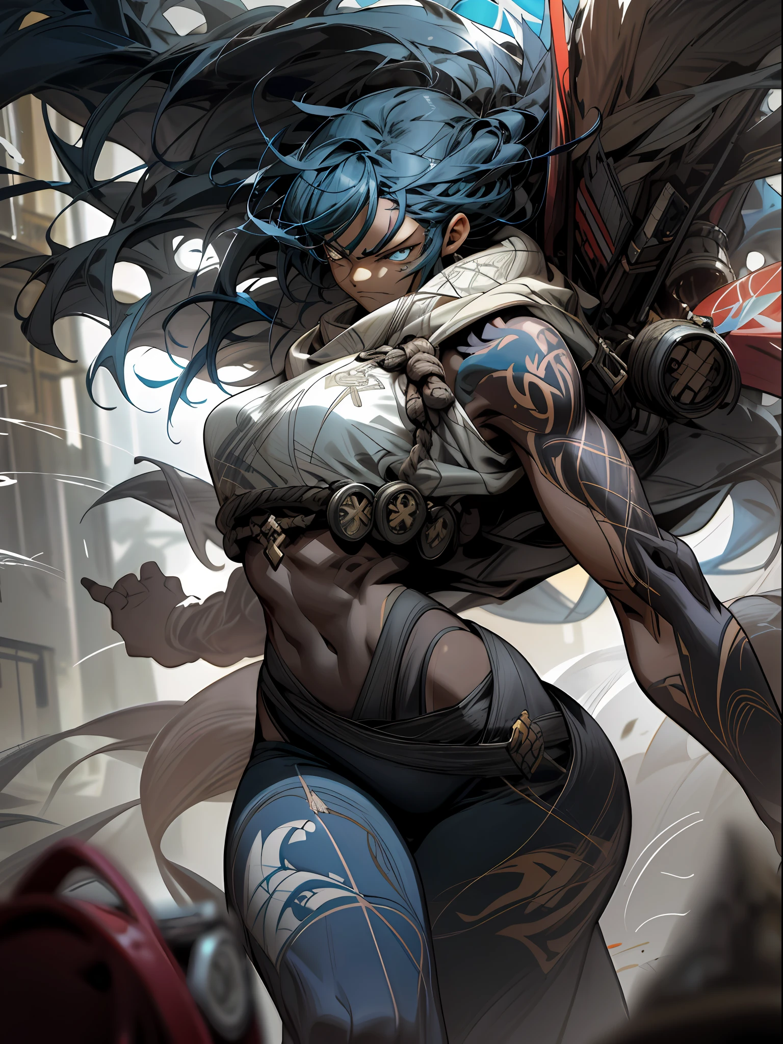 background, mixed-language_text, Japanese graffiti letters, a warrior nulher with long black hair cascading down her back. His eyes are a deep shade of amber, which shine with intensity when he is in battle. She possesses an athletic and slender appearance, with a confident and determined posture. Her skin has a light tan tone, evidencing her strength and endurance, photo, sticker art, freedom, soul, digital illustration, comic style, centered, approaching perfection, dynamic, highly detailed, watercolor painting, artstation, concept art, smooth, sharp focus, illustration, art by carne griffiths and ,alone anime, centered, approaching perfection, drawing style illustrator, anime style, body with futuristic tribal tattoo style designs in dragon shape, serious face and ultra detailed artwork, graffiti style destroyed city scenery with camera focus,