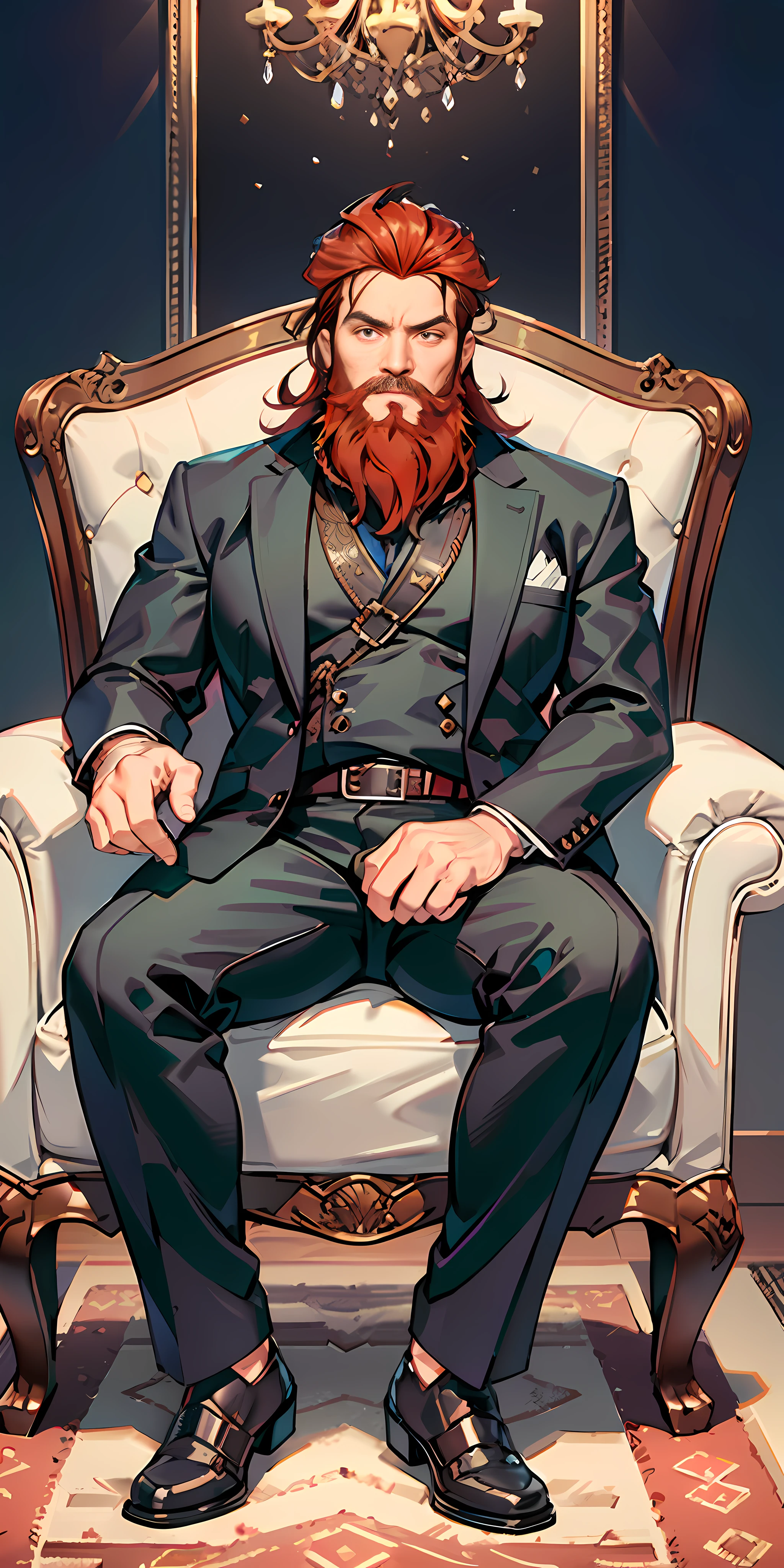 Middle-aged man sitting on a leather chair, (with a bear-like stiff figure), large chest plate, middle-aged figure, dignified expression like a lion, refreshing hairstyle, hair color red, hair tied back, bearded, red beard, black men's clothing