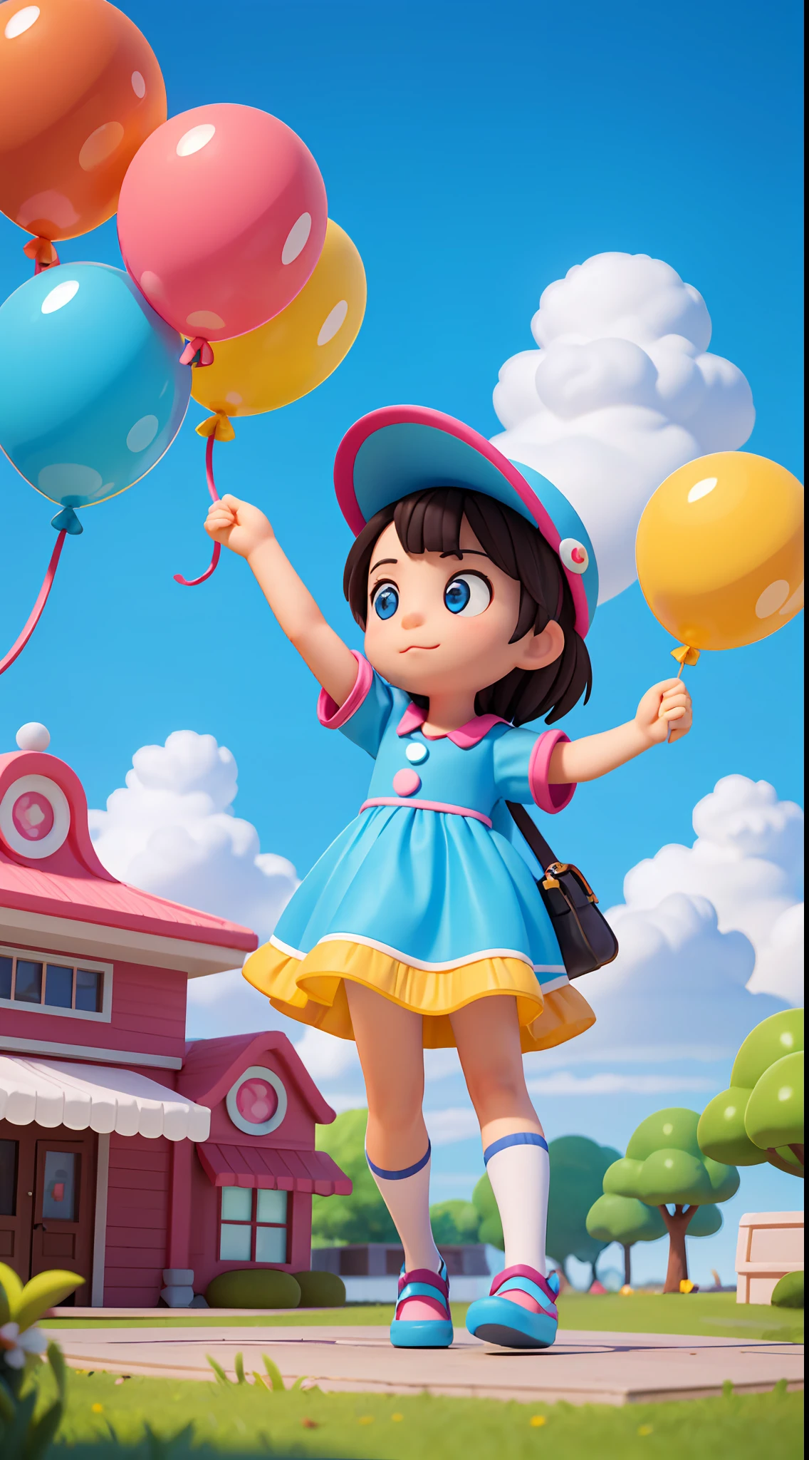 (two people), (middle-aged uncle: 1.3), (child), holding hands, balloons around, fashionable clothes, colorful, blue sky and white clouds, natural scenery, lots of grasslands around, amusement park background, dreamy, exciting, super cute kids IP by bubble mart, bright colors, model blind box toy, Disney style, fine gloss, oc rendering, pastel colors, movie textures, medium close-up, high detail, 3d rendering, high quality, best quality, 8K
