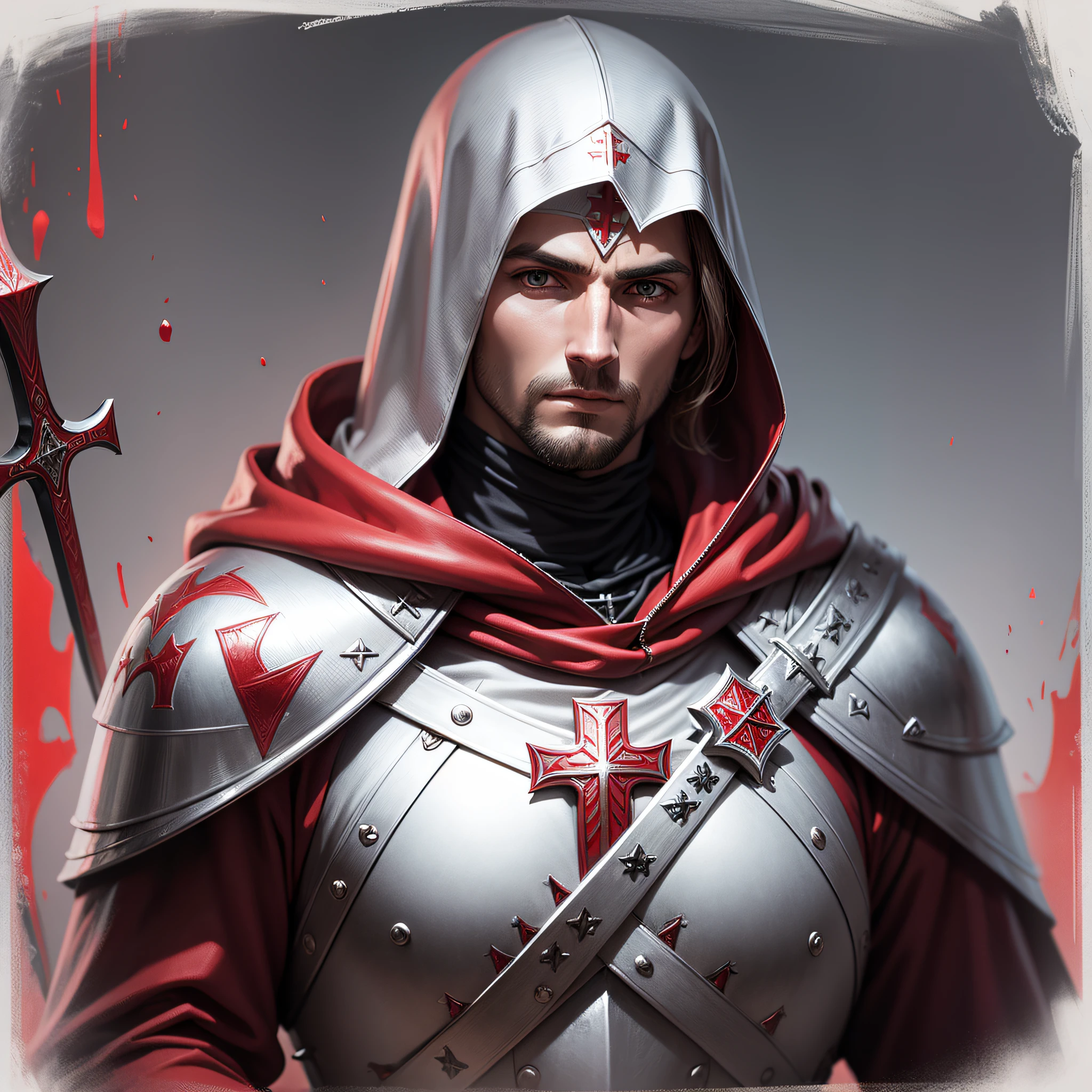 close-up Knight Templar with hood and shield hyper realistic red Templar cross --auto --s2