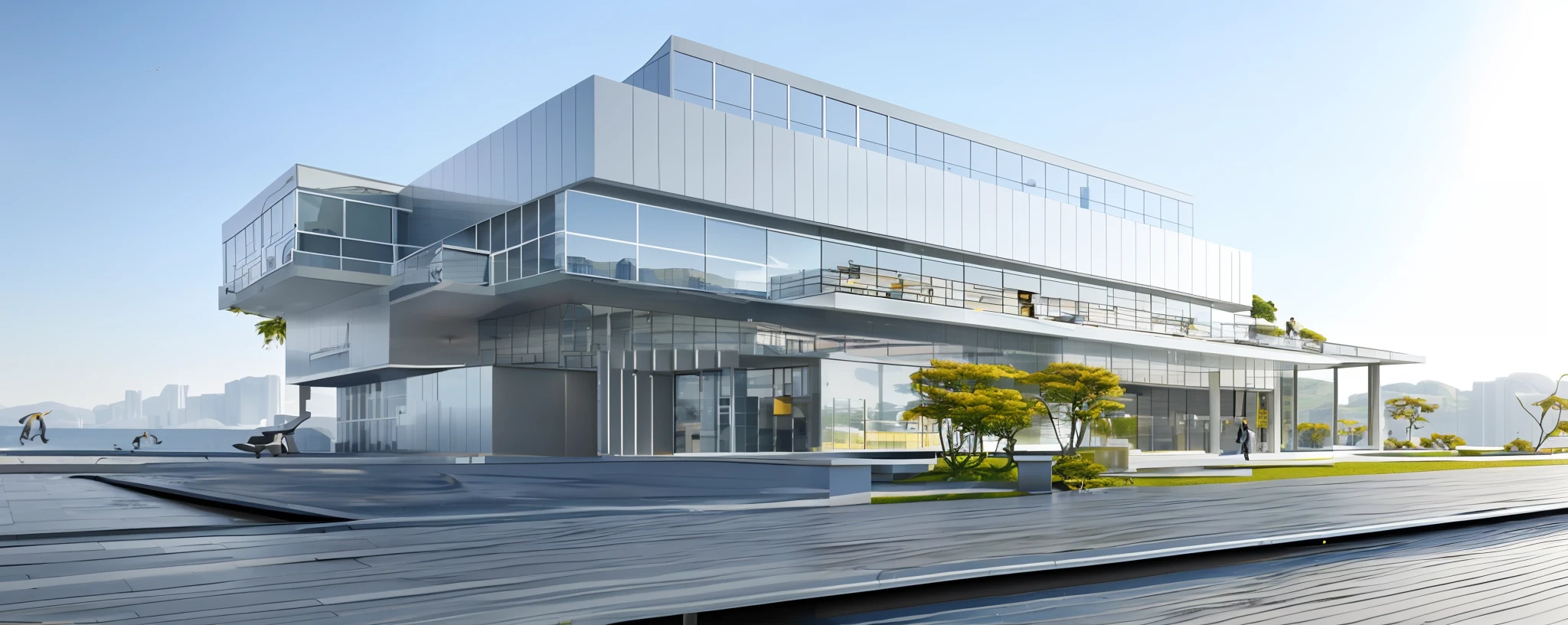 a landscape rendering,collage style,best quality,architectural photography,photo realistic, hyperealistic, super detailed,cinematic photography, ultra detailed,highly detailed, Architectural design,photorealistic, cinematic, rendering,archdaily,500px, archdaily,clean sky,beautiful landscape design, day,blue sky,