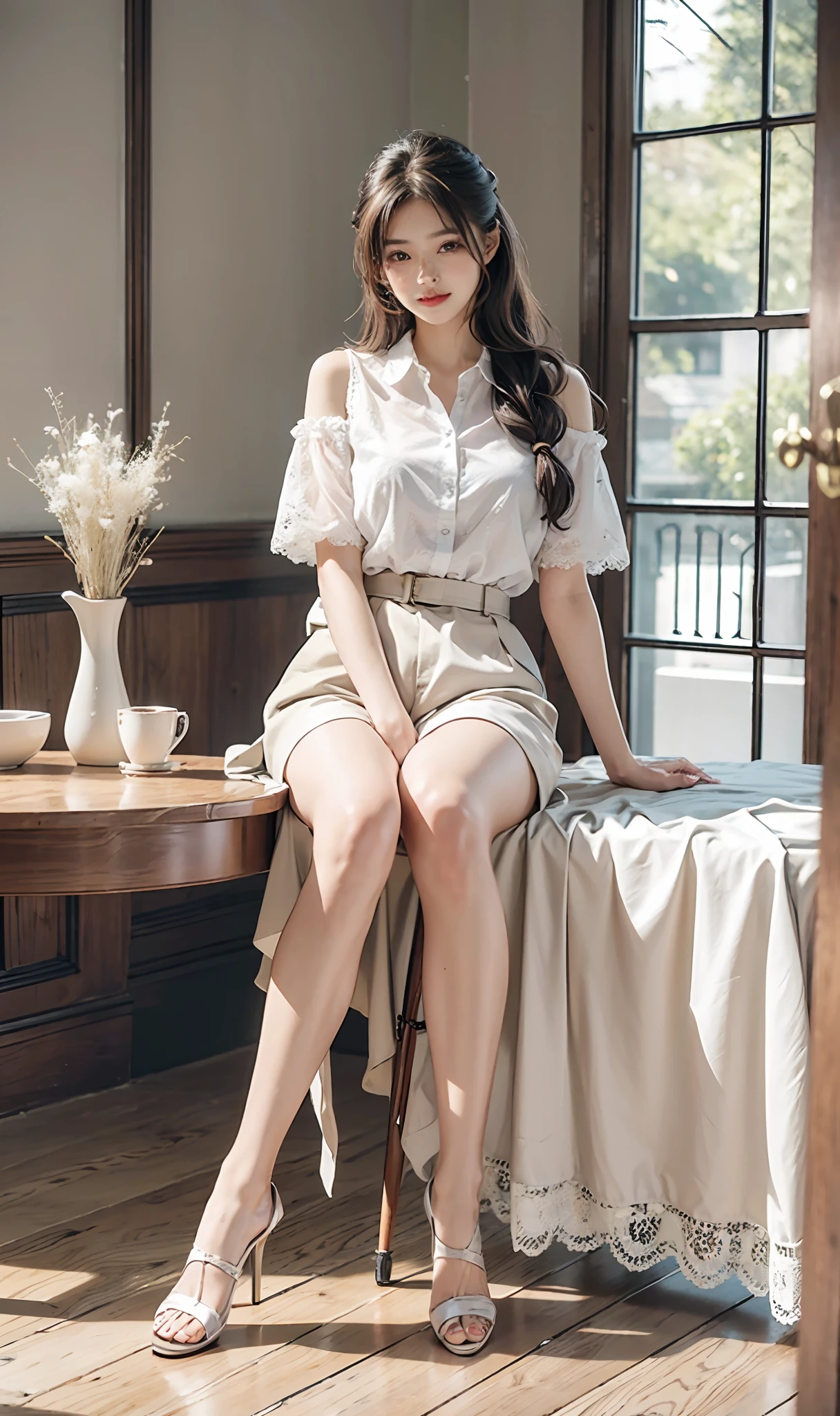 NSFW, (8k, best quality, master:1.2), (realistic, photo-realistic:1.37), super detailed, 1 girl, looking at the audience, cute, beautiful detailed sky, detailed café, sitting at the table for afternoon tea, full body, (smile:1.15), shut up, mid-chest, burst shirt buttons, beautiful delicate eyes, (collared shirt: 1.1), daytime, sunlight, white lace, ( Long hair: 1.4), shoulder-length hair, silver hair, uniform, white skin, movie lights, street lights, (sexiest actress: 1.4), full body photos, (coffee table:1), (handbag: 1), ulzzang-6500-v1.1:0.3, karinak-4501-6300:1.2, long legs, high heels,