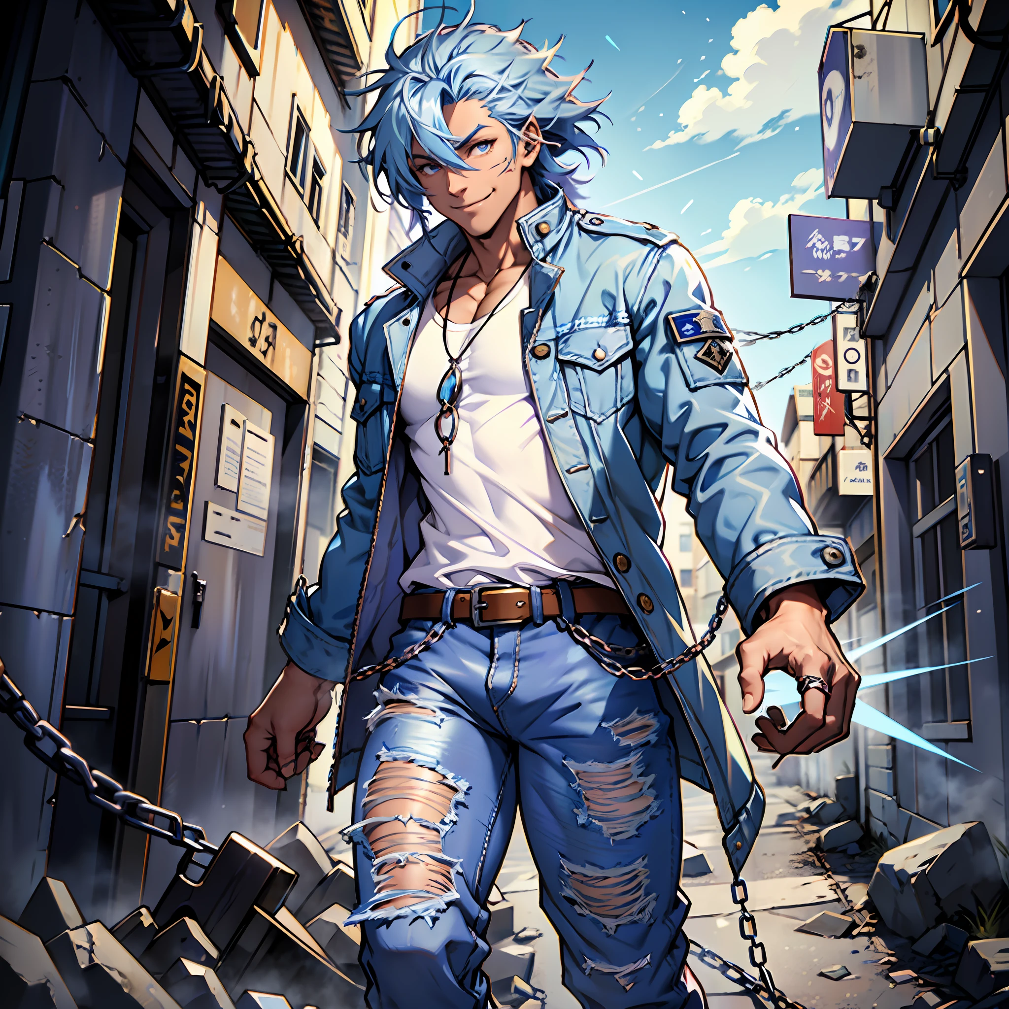 Man muscles, defined body, scars on arms, blue jacket, white blouse under jacket, long jeans of blue color, military boots of violet color, chains in hands, silver cord with rings attached, straight blue hair, messy hair, eyes of light blue color, smile of determination, brown skin, ancient kingdom, night scenery, fighting.