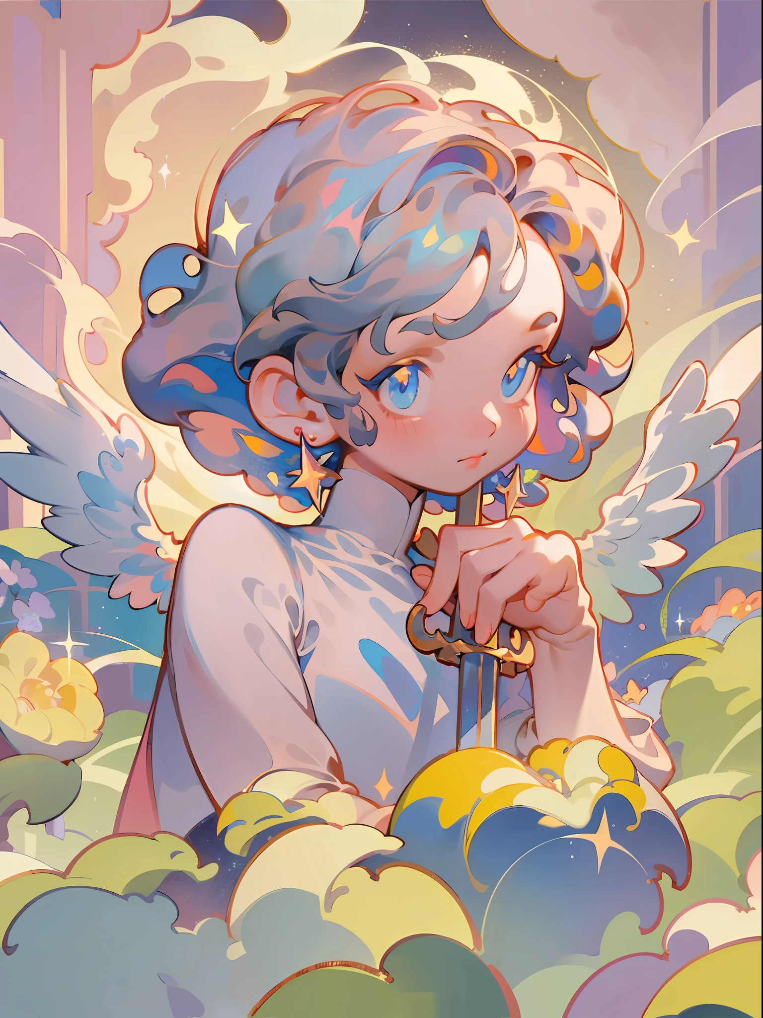 Two-year-old angel, very small one, cute, eyes closed, twinkling in the stars, high quality, thick acrylic illustration, Dolly Key, John Singer Sargent, Trompe Lowy detail, masterpiece, soft lighting, atmospheric lighting, bright morning light, fantastic light and shadow, 8K,