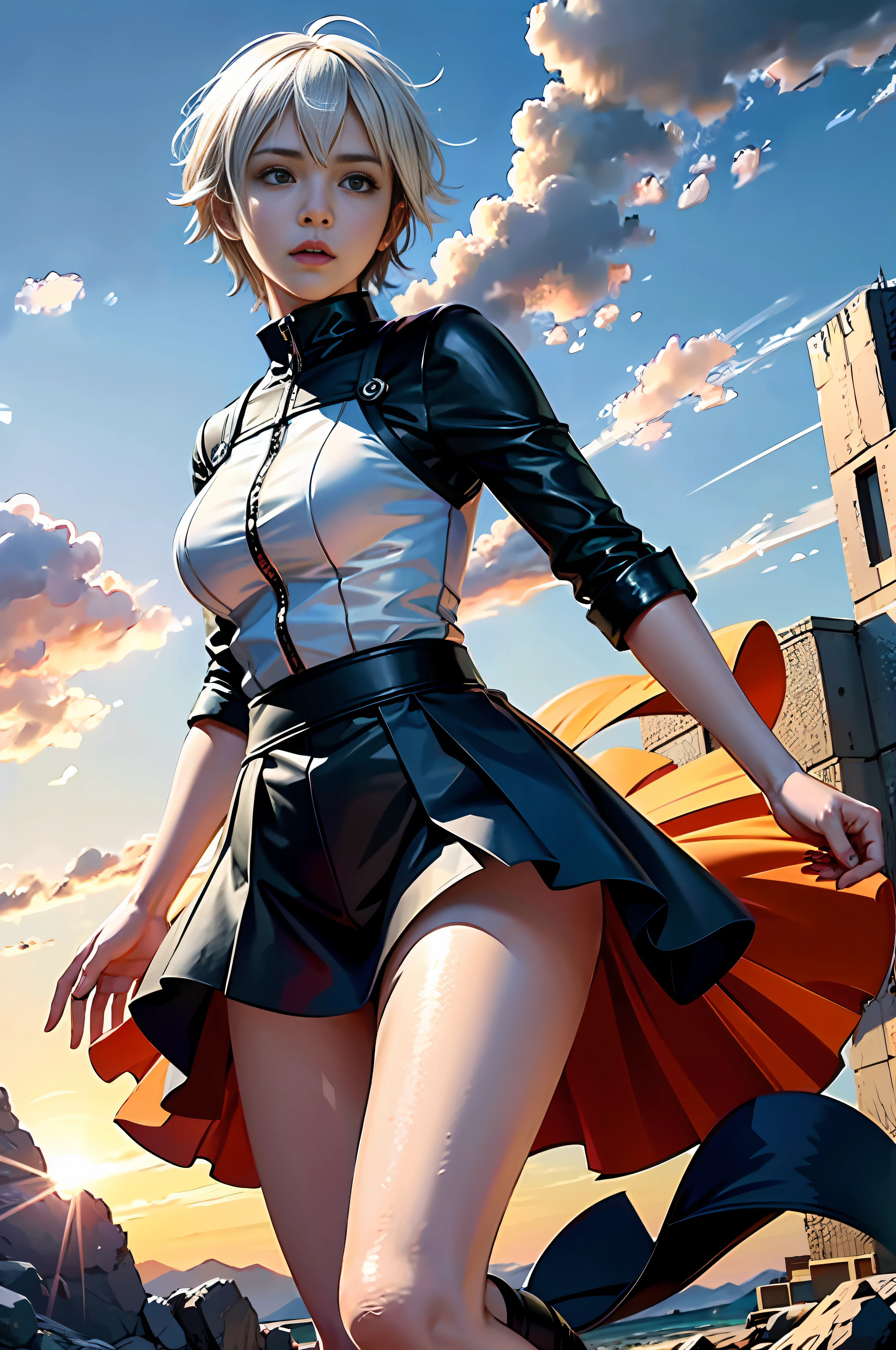 (Masterpiece), (Best Quality), Realistic, Cinematic Light, Hinata in Naruto, Cool Pose, Battlefield Background, Perfect Figure, White Eyes, Short White Hair, Big Bust Sci-fi Scene
