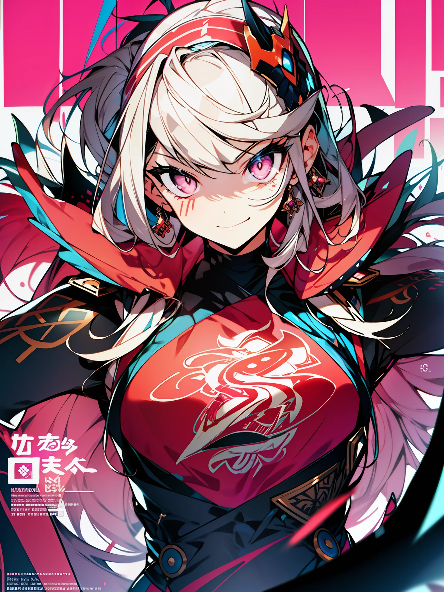 3girls, excellent lighting, sidelighting, (curvy: 1.2), vhsKeeper, background, mixed-language_text, Japanese graffiti letters, GUILTY GEAR -STRIVE style perfect(flat color: 1.3), (magazine_cover: 1.4), (multicolored_background: 1.3), striped_background, card_background, :: comix style by joe madureira :: , perfect and detailed, ultra detailed shirt with abstract design, with Japanese graffit print on the sides of the dress,  image of full-body women fighting alongside you with powerful dragons versus tentacle-filled alien creature, with immersive effects, hover effect, background graffiti style tribal tattoo with vibrant colors "ultra hdr" detailed and with focus effect, (masterpiece: 1.2, best quality), (beautiful eyes finely detailed: 1.2), , ((Solo)), (Pink eyes degrade:1.4), (Finely detailed eyes and detailed face with long eyelashes:1.3),  in various full-body attack poses, (cute background: 1.2),futuristic costume, super detailed circular metals Clinging to the arms and pants, fantastic paintings
