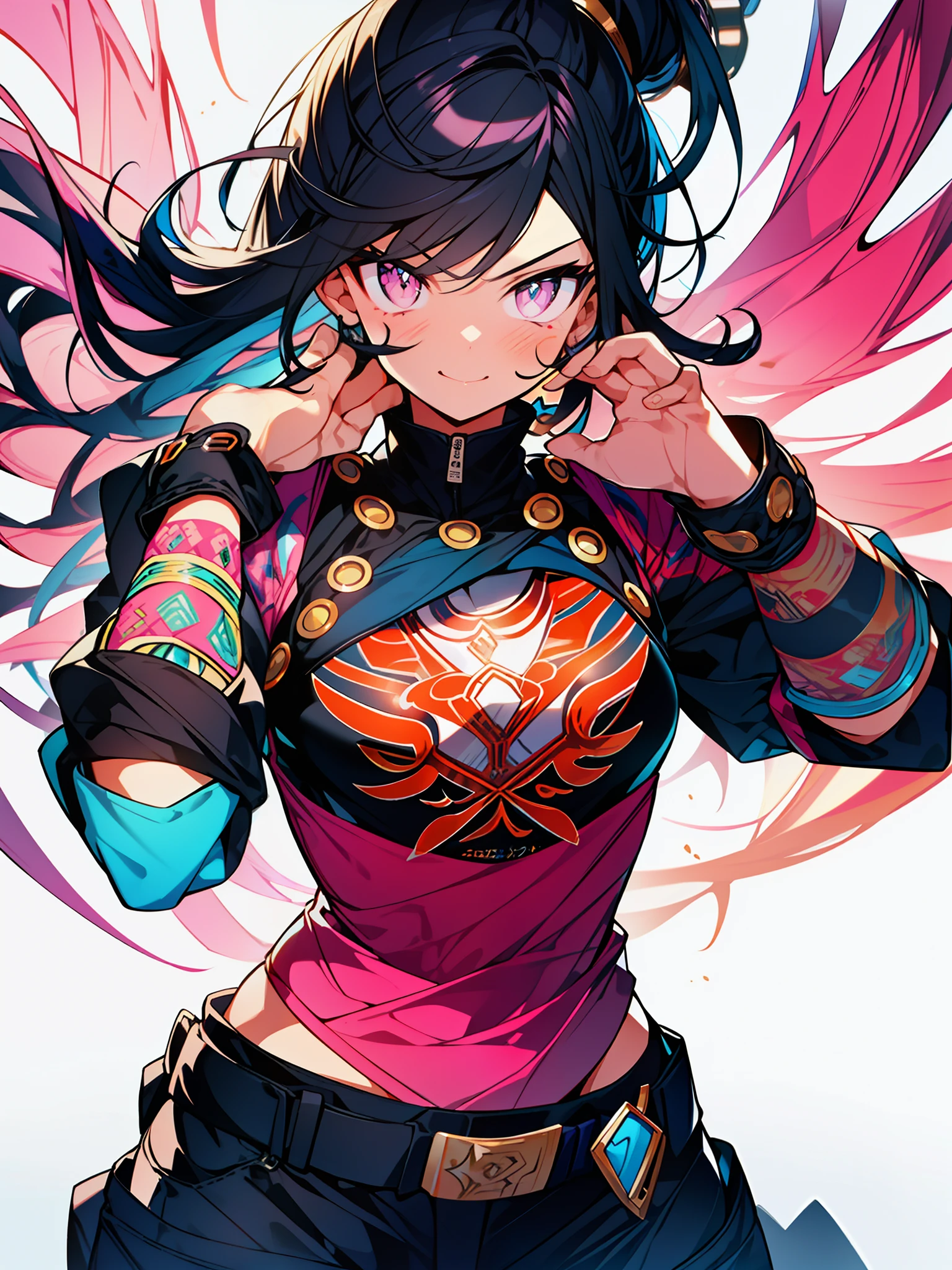 3girls, excellent lighting, sidelighting, (curvy: 1.2), vhsKeeper, background, mixed-language_text, Japanese graffiti letters, GUILTY GEAR -STRIVE style perfect(flat color: 1.3), (magazine_cover: 1.4), (multicolored_background: 1.3), striped_background, card_background, :: comix style by joe madureira :: , perfect and detailed, ultra detailed shirt with abstract design, with Japanese graffit print on the sides of the dress,  image of full-body women fighting alongside you with powerful dragons versus tentacle-filled alien creature, with immersive effects, hover effect, background graffiti style tribal tattoo with vibrant colors "ultra hdr" detailed and with focus effect, (masterpiece: 1.2, best quality), (beautiful eyes finely detailed: 1.2), , ((Solo)), (Pink eyes degrade:1.4), (Finely detailed eyes and detailed face with long eyelashes:1.3),  in various full-body attack poses, (cute background: 1.2),futuristic costume, super detailed circular metals Clinging to the arms and pants, fantastic paintings