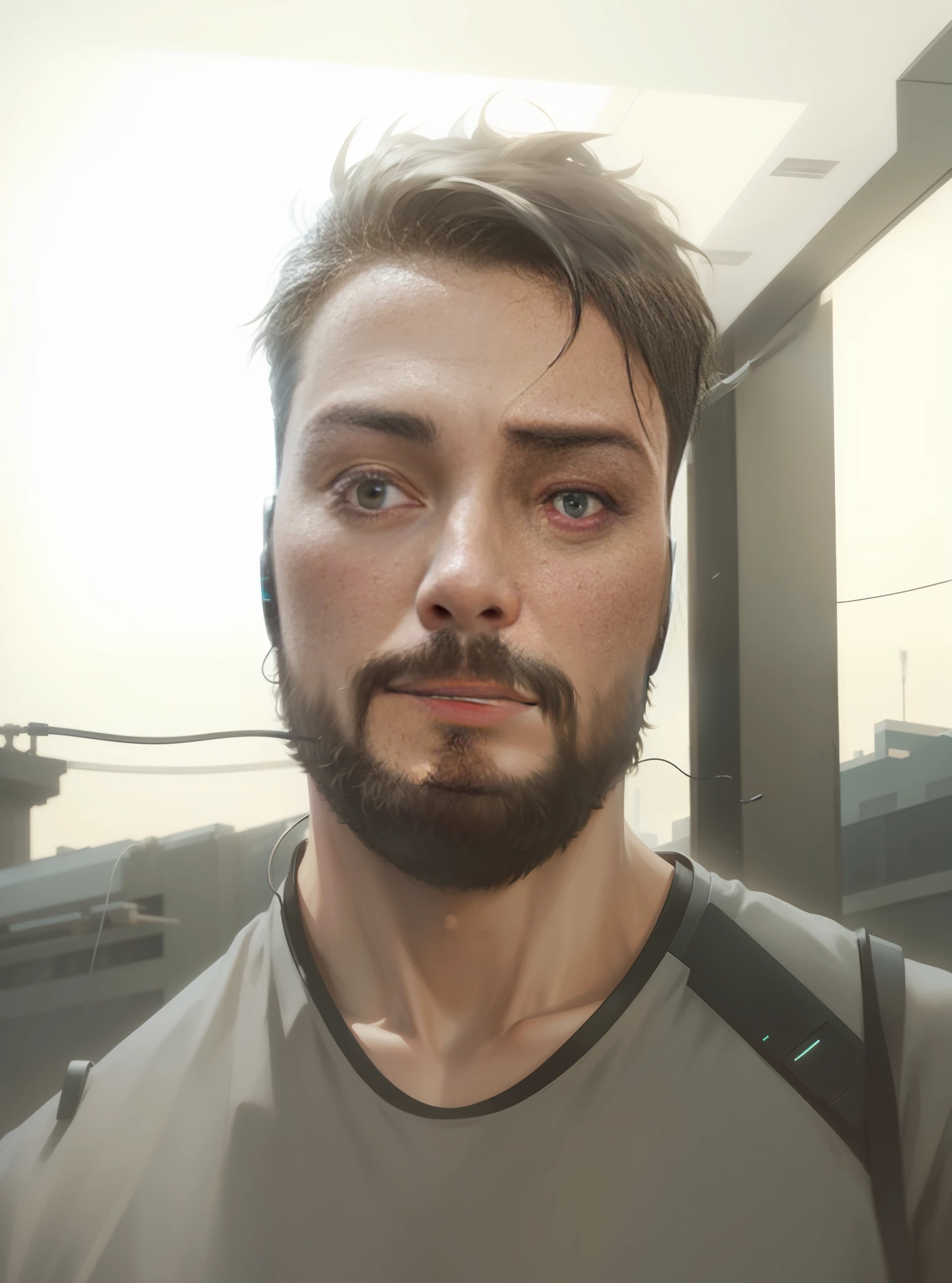robot, no beard, listening to music downtown, cyberpunk --auto --s2