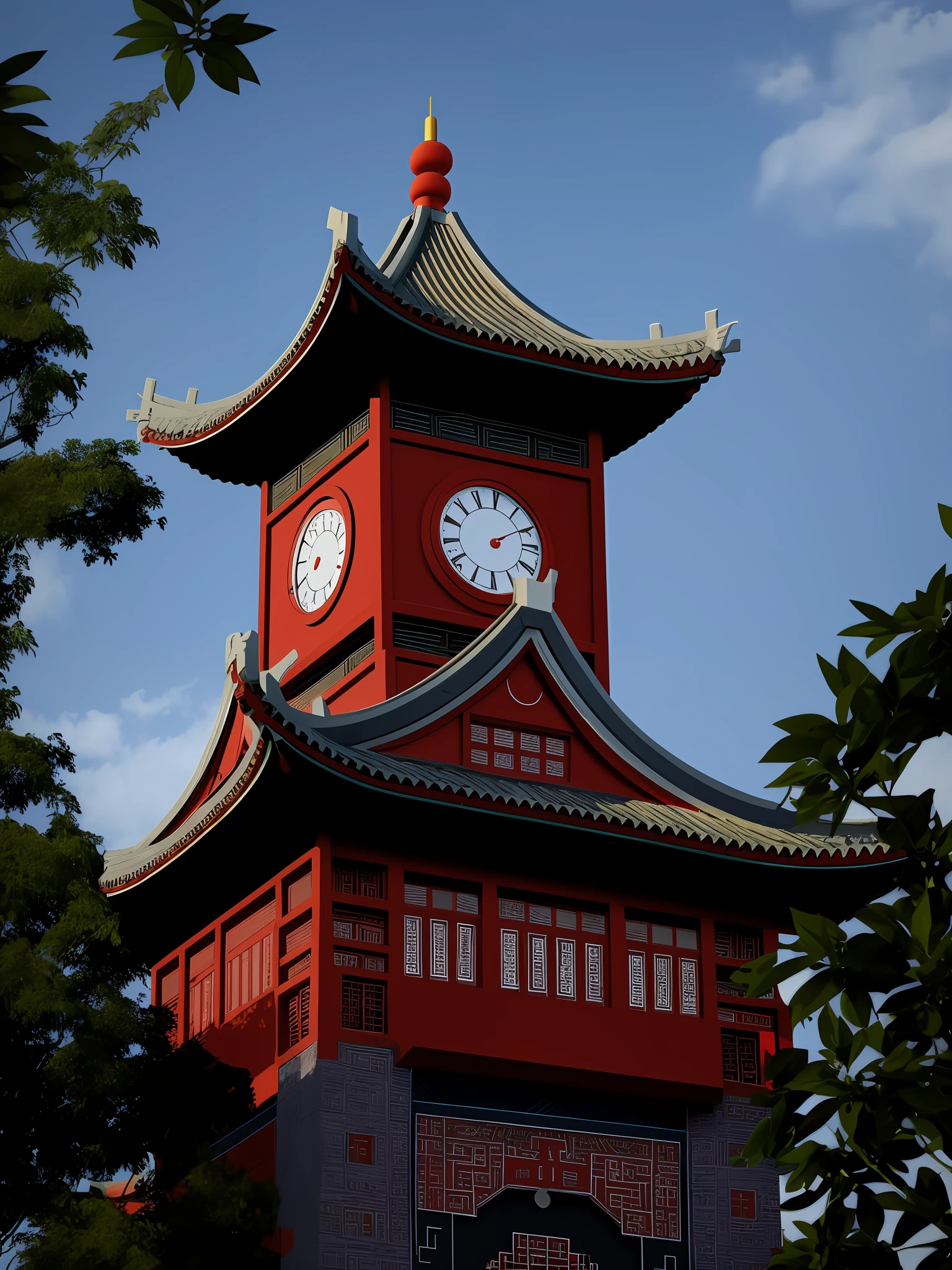 Clock tower with red roof and sky background, Chinese architecture, clock tower, USB stick design, rzminjourney, vector art, subtitles