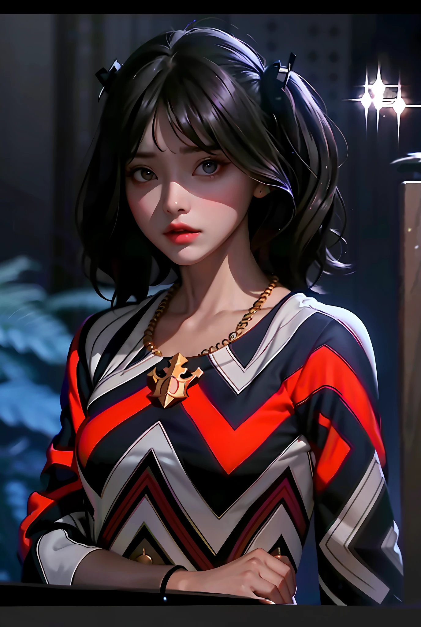 Princess eyes, Glamour big breasted,irl,masterpiece, best quality, (dark photo:1.3), photorealistic, 1girl, flat bangs, stunning innocent symmetry face, shirt, emotional, ulzzang, (PureErosFace_V1:0.7)
