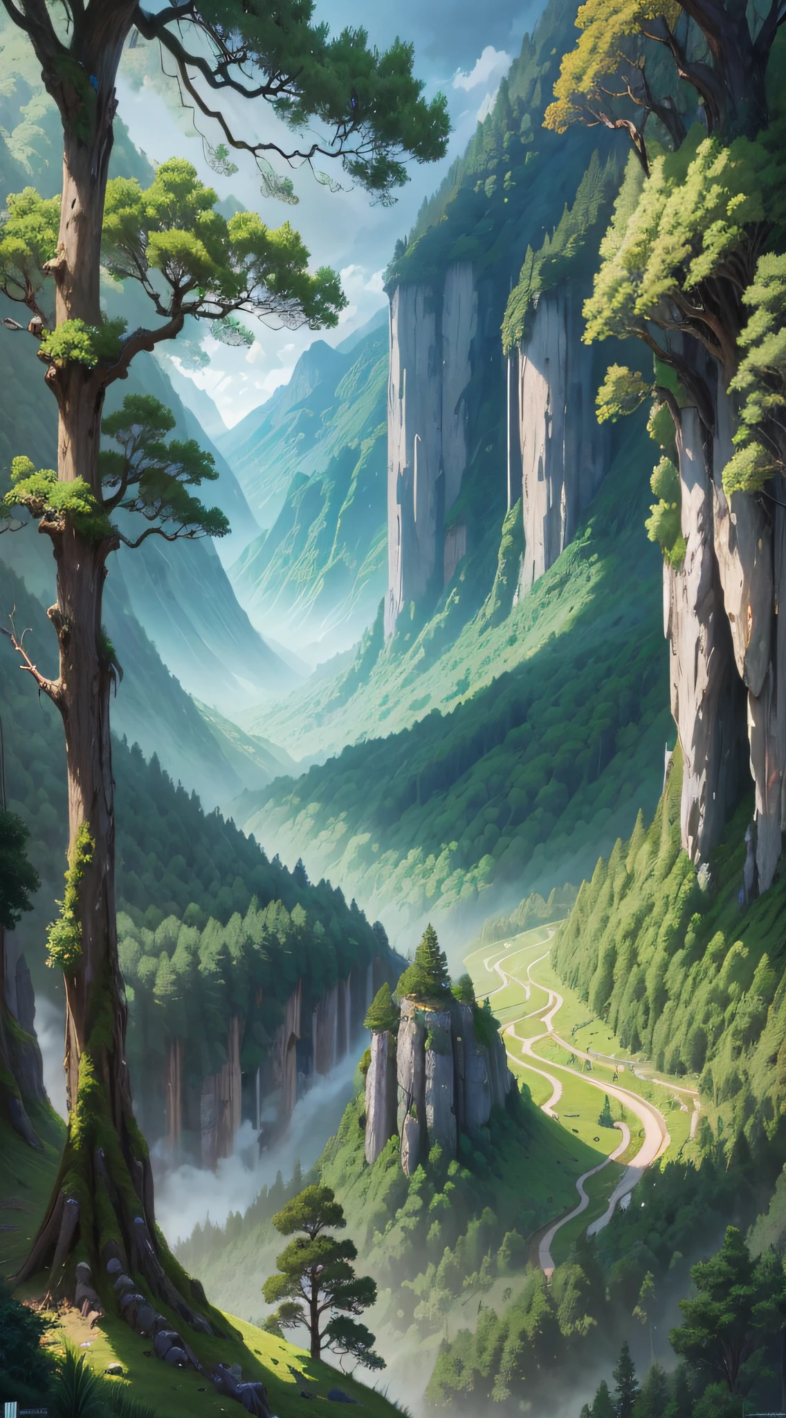Overlooking vast tranquil forest, made up of trees and fantasy valley, organic matte painting, lush forest in the valley below, beautiful landscape rendering, trees. Matte painting, anime nature, lush forest of japan, overlooking valley of trees, anime countryside landscape, lush forest landscape, high quality matte painting --auto --s2