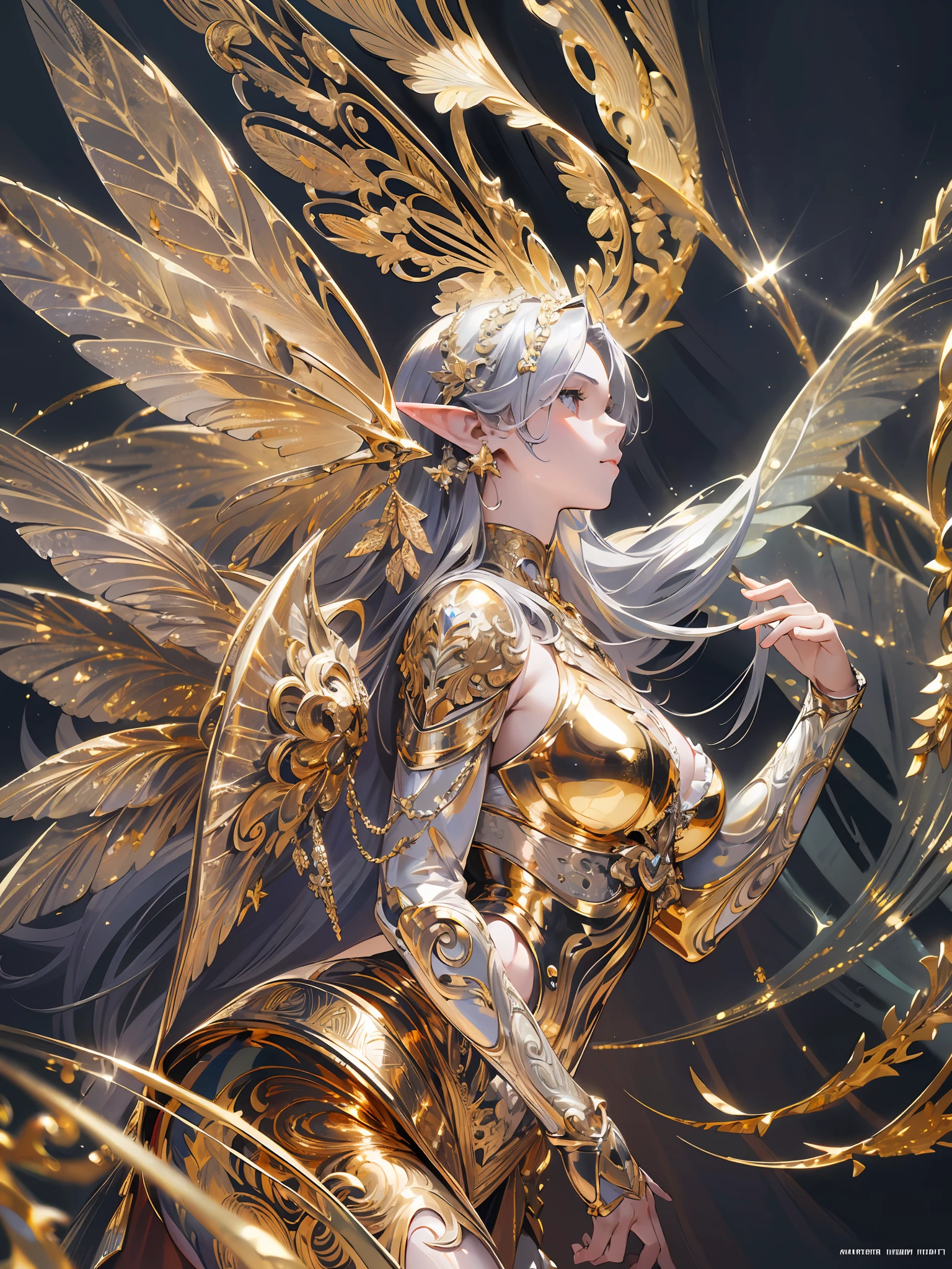 masterpiece, highly detailed, high quality, (((gold, silver, glimmer)), faerie), limited palette, contrast, phenomenal aesthetic, best quality, sumptuous artwork, sharp focus, illustration, soft lighting, rim light, hyperrealistic,