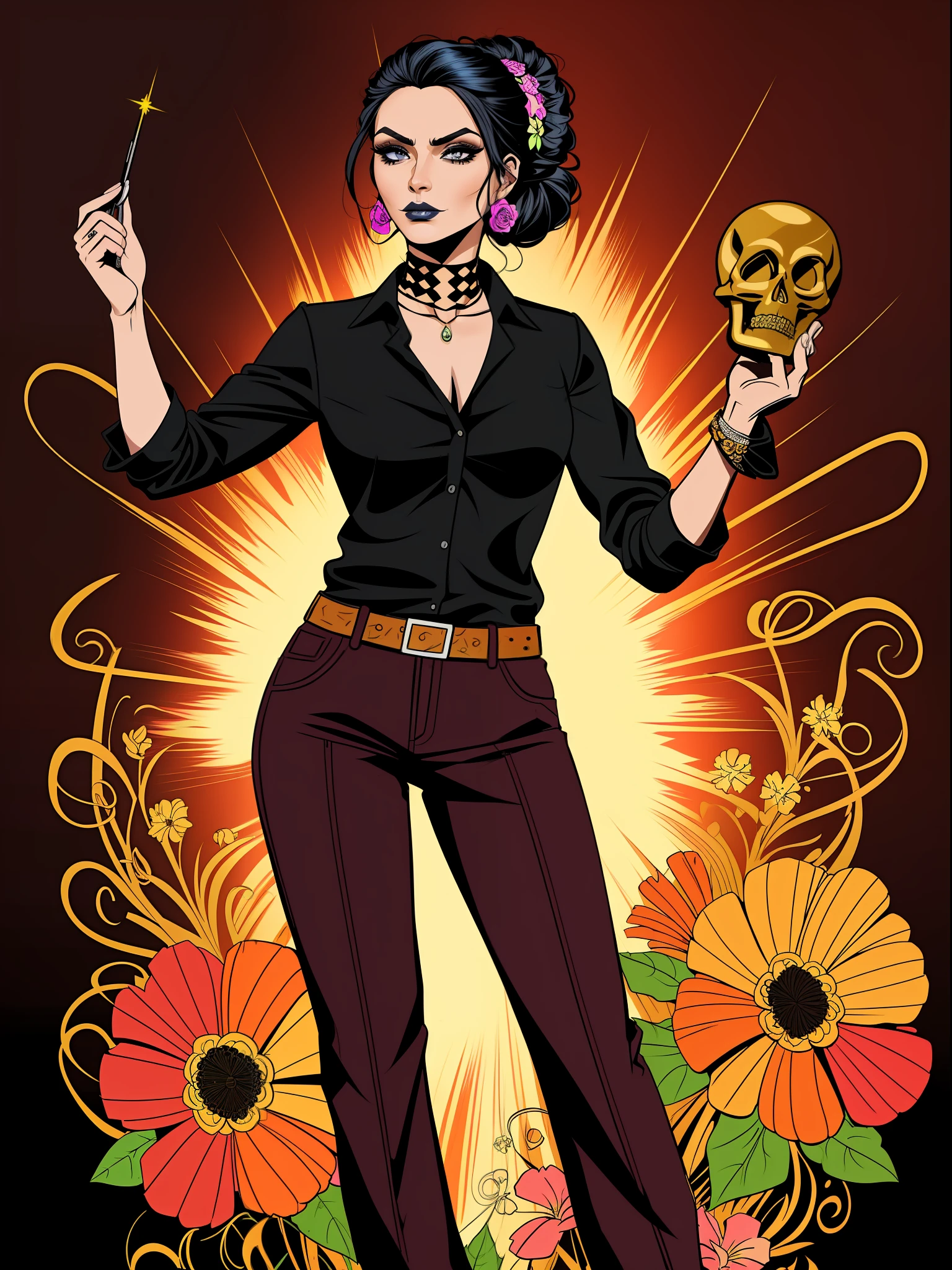 (comic style:1.3), (line art:1.5), (full body),(masterpiece, award winning, best quality:1.3), (solo), 1 Mexican woman (mexican skull makeup) casting a spell, black hair (updo), flowers in hair, black_blouse (trail), red_pants, art by Jim lee, cinematic, masterpiece, , detailed background, detailed material textures, detailed eyes, serious, realistic 1.35, muscular 1.2