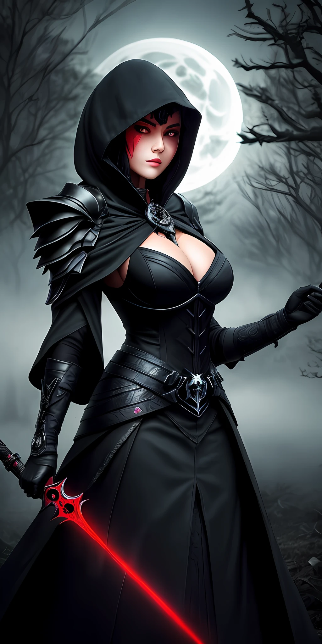 (16k, masterpiece, best quality), ultra-detailed, detailed beautiful round eyes, beautifully detailed face, high quality, high resolution, perfect anatomy, (good anatomy), (a reaper appeared from the fog), in the darkness of the night, darkness, reaper hood, evil, graveyard background, varied pose, huge breast, looking into the distance, side view, reaper, holding ((schyte)), schyte weapon, dark aura, demon hand, full body, schyte on shoulder