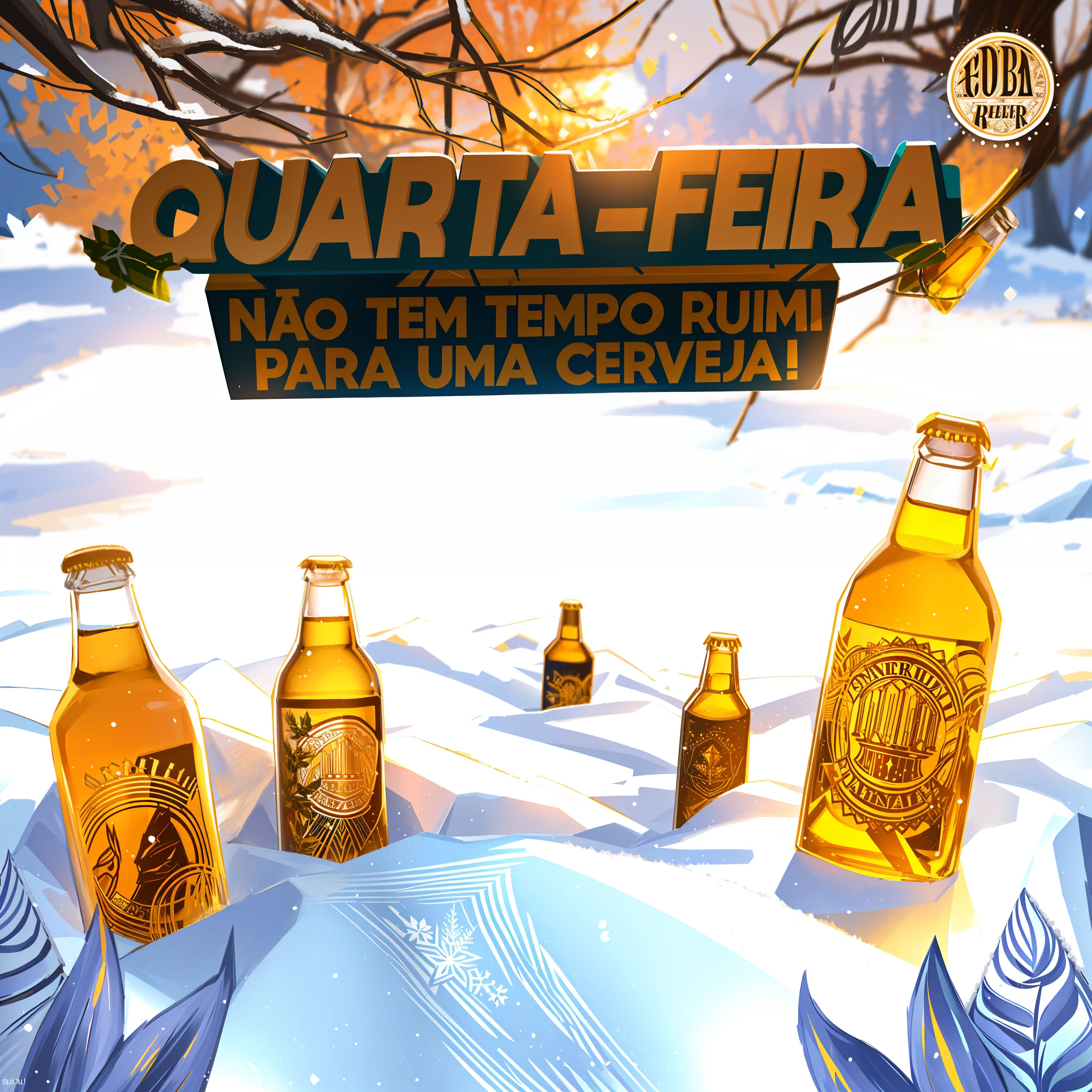 there are many bottles of beer on the snow with a tree in the background, beer advertisement, ad image, asuras, by Félix Arauz, quartz, description, beer, 8 h, bitter, wow, by Tuvia Beeri, winter, by Caesar Andrade Faini, fra, fake, scuta