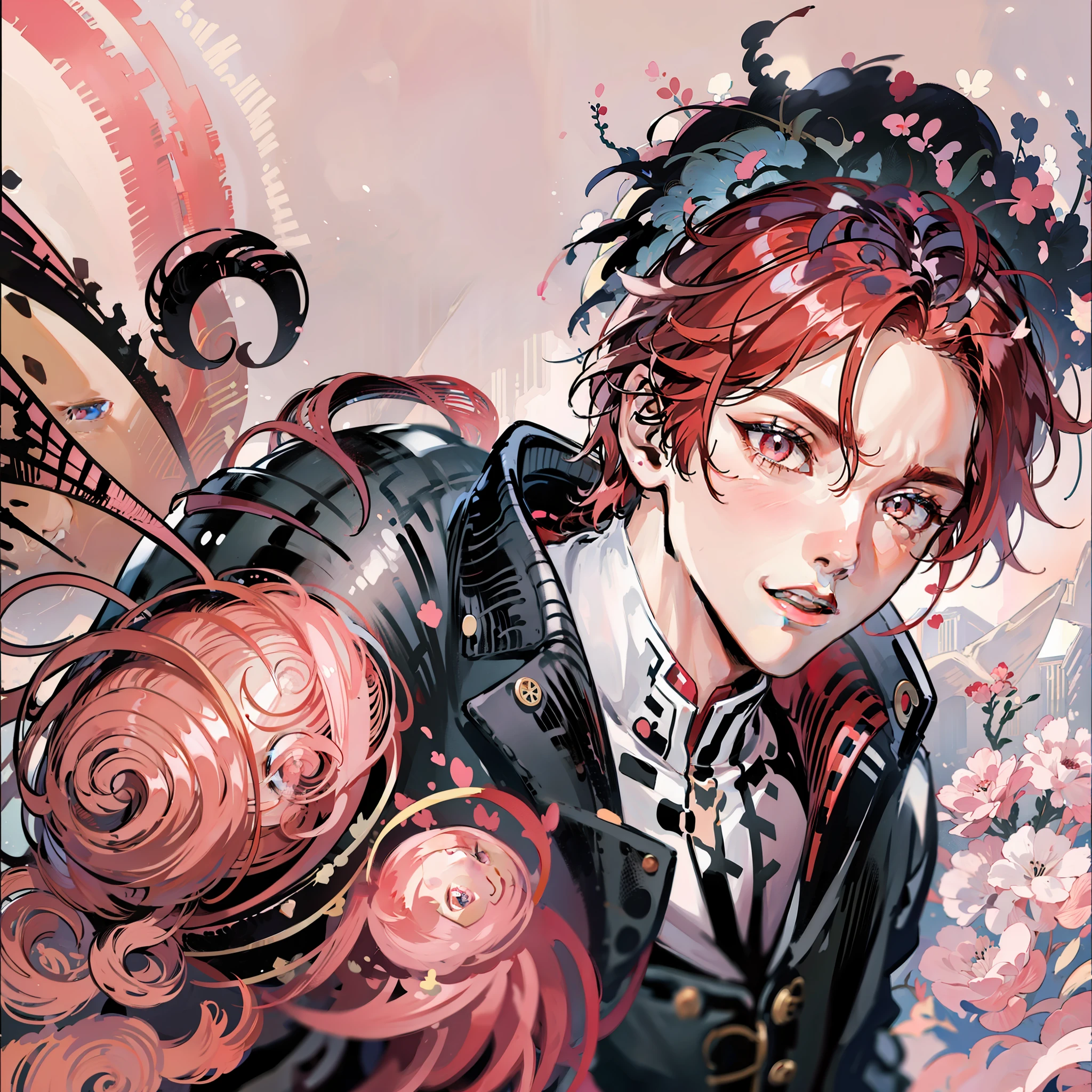 Man with pink and red hair and black clothes, handsome face, white eyes, highly detailed young anime, 4K walpaper manga, anime boy, detailed anime character art.