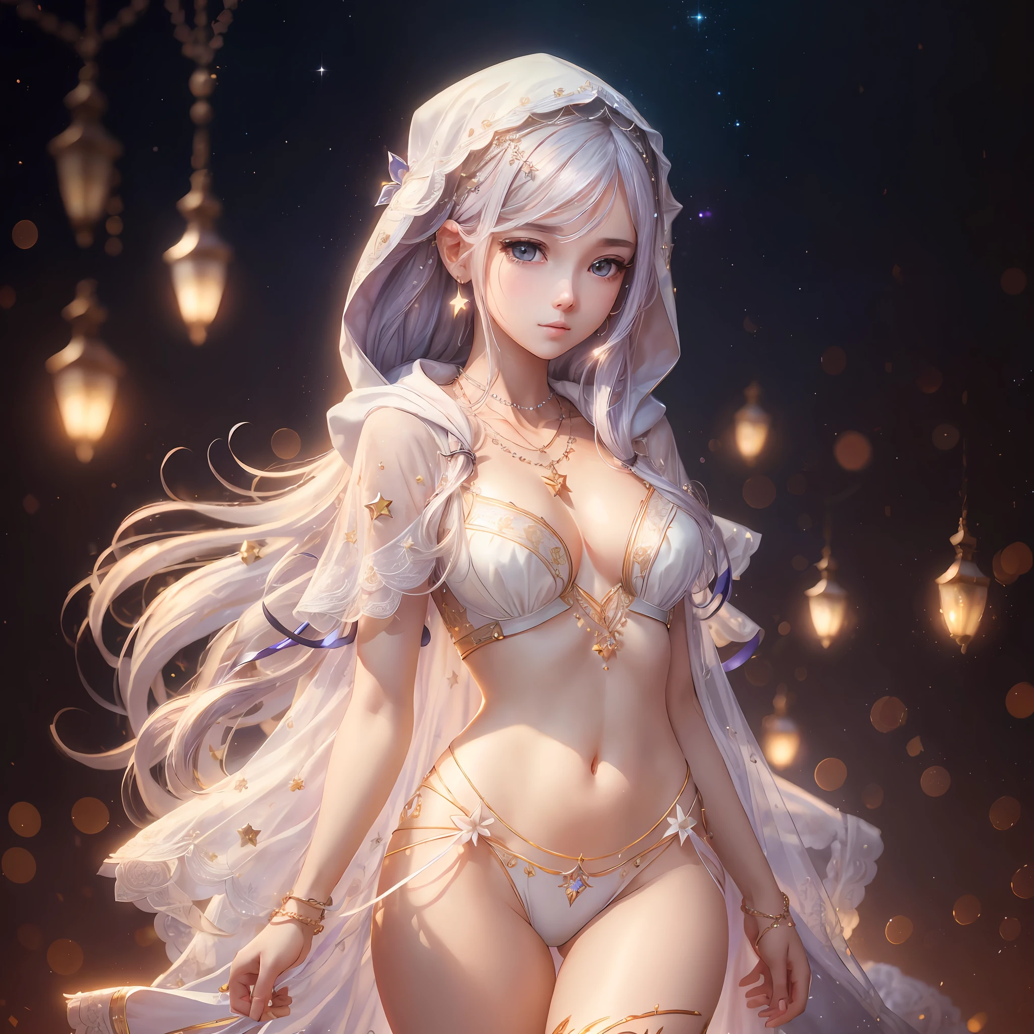 masterpiece, best quality, 4k, lock, starry, sky, star, cover, hair ribbon, thin legs, hood, long hair, white hair, cyberpunk, depth of field,(masterpiece, top quality, best quality, official art, beautiful and aesthetic: 1.2), (1girl: 1.3), extremely detailed, colorful, more detailed ((ultra-detailed)), (highly detailed CG illustration), ((an extremely delicate and beautiful)),hair ornament,necklace, jewelry,beautiful face,upon_body, tyndall effect,photorealistic, dark studio, rim lighting, two tone lighting, (highly detailed skin: 1.2), 8k uhd, dslr, soft lighting, high quality, volumetric lighting, sincere, photography, high resolution, 4k, 8k, Bokeh --auto --s2