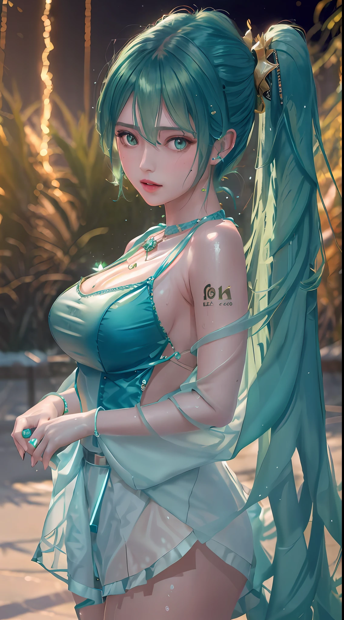 best quality, masterpiece, high_res, 1girl, hair ornament, necklace, jewelry, Beautiful face, upon body, tyndall effect, photo realistic, dark studio, rim lighting, two tone lighting, (high detailed skin, sweaty:1.2), 8k uhd, dslr, soft lighting, high quality, volumetric lighting, candid, Photograph, high resolution, 4k, 8k, Bokeh, realistic big breasts, open fingers, (beautiful hairstyle, hair color:tosca green:1), lingerie, outdoor,