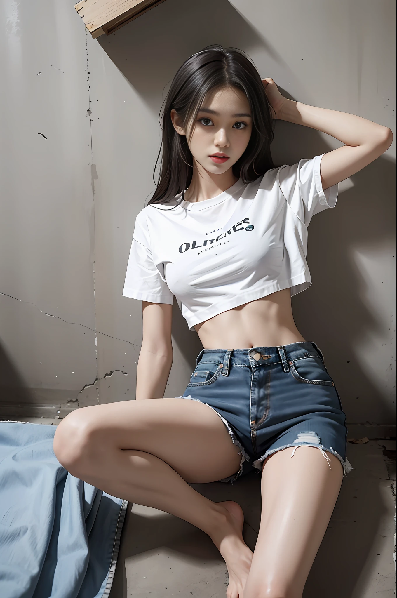 Girl in white shirt and tight denim skirt posing for photo, full body, legs spread, cut t-shirt, bra, slim body, small bust, slim girl model, 24 year old female model, lying on construction site, group of black men watching