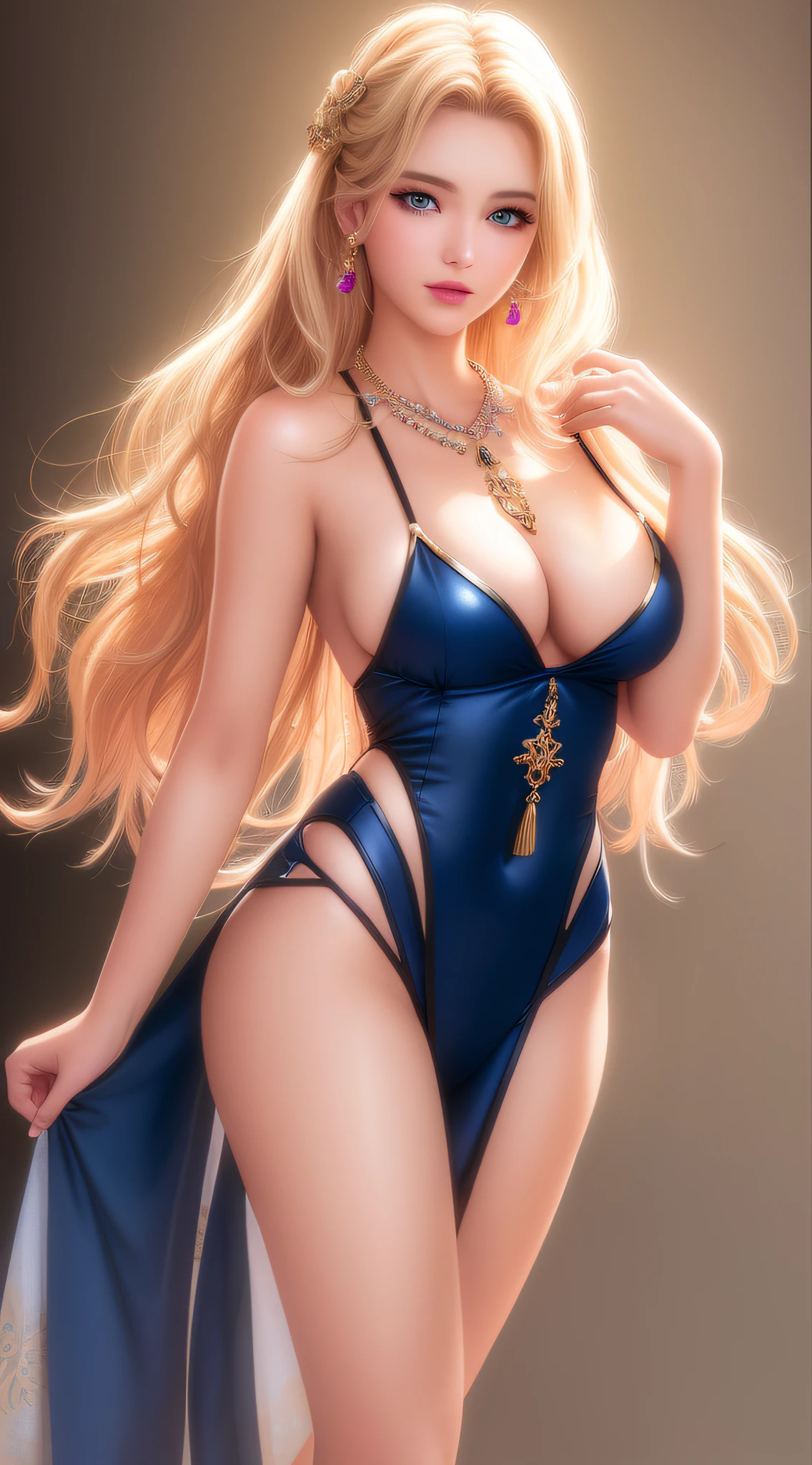 Best Quality, Masterpiece, High Resolution, 1girl, Hair Accessories, Necklace, Jewelry, Beautiful Face, Body, Tyndall Effect, Realism, Dark Studio, Edge Lighting, Two-tone Lighting, (High Detail Skin: 1.2), 8K UHD, DSLR, Soft Light, High Quality, Volumetric Light, Voyeur, Photo, High Resolution, 4K, 8K, Background Blur, Medium Breasts, (Light Pink Lips), No Bra, Exposed Breasts, Full Body, Blonde, Blue Eyes, (High Detail Fingers: 1.5)