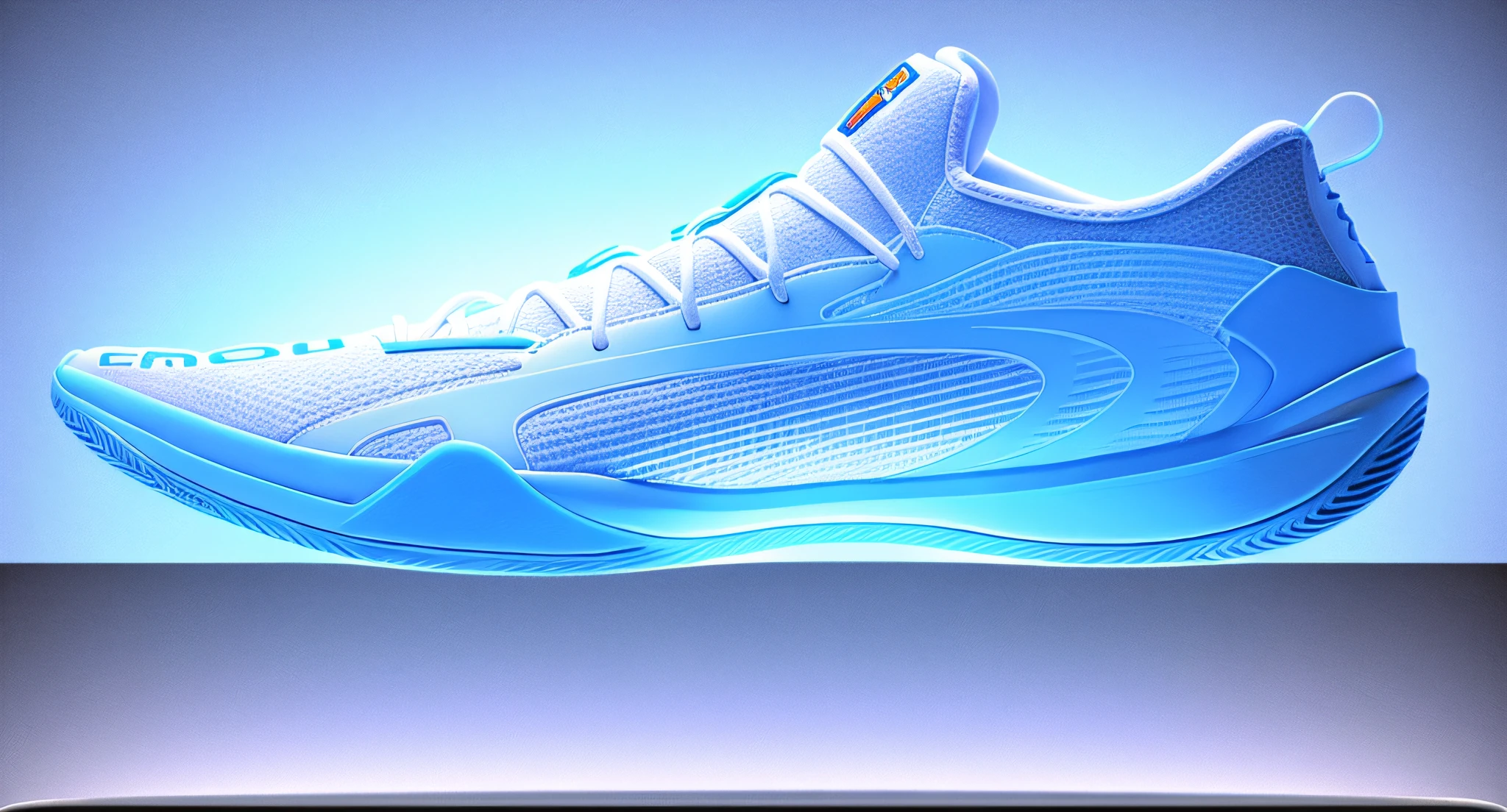 Pure white color scheme, basketball shoes, low-top speed feeling, lateral C-shaped TPU upturn, upper textile texture, fine details, good lighting, realistic image (ultra-realistic), 8K