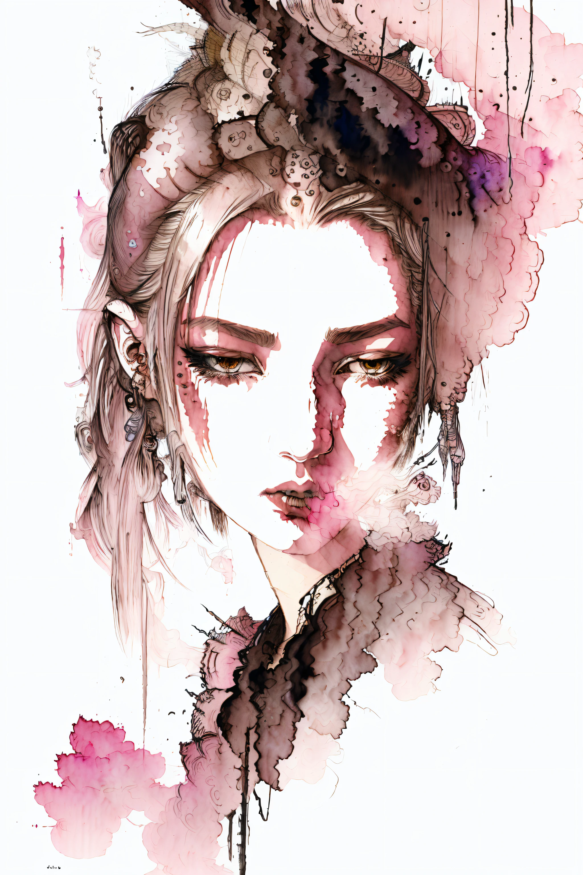 1girl, Final fantasy, smokes, amano yoshitaka, (pencil drawing and watercolor painting:1)
abstract, details, masterpiece, best quality,  artstation