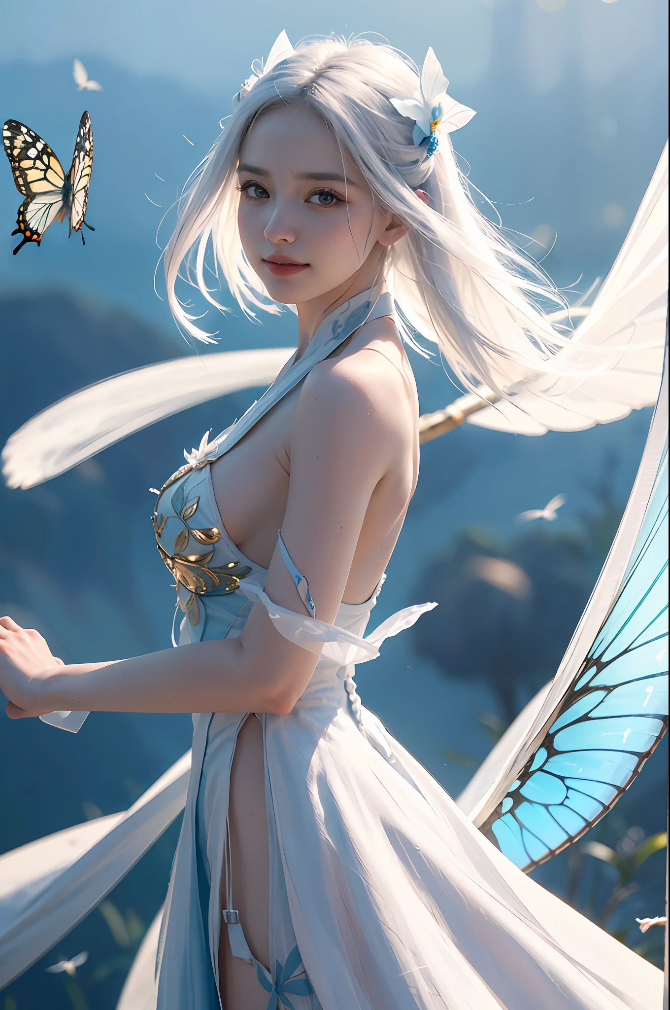 (RAW Photo, Best Quality), (Realistic, Photorealistic True: 1.3), Best Quality, Highly Detailed, Masterpiece, Hyper Detail, Illustration, 1 Girl, Smile, Butterfly Hair Accessories, White Hair, Cyan Hanfu, White Gauze, Elder on Back A Pair of White Butterfly Wings, Wield a Swords, Butterfly Fairy, upper_body, Dynamic Angle, World Mastery Theater, Flying Long Hair, Fluores cent Red, dynamic Fire inbackground, best quality, extremely detailed CG unified 8k wallpaper, ink, amazing, cinema lighting, lens_flare, wuxia_style