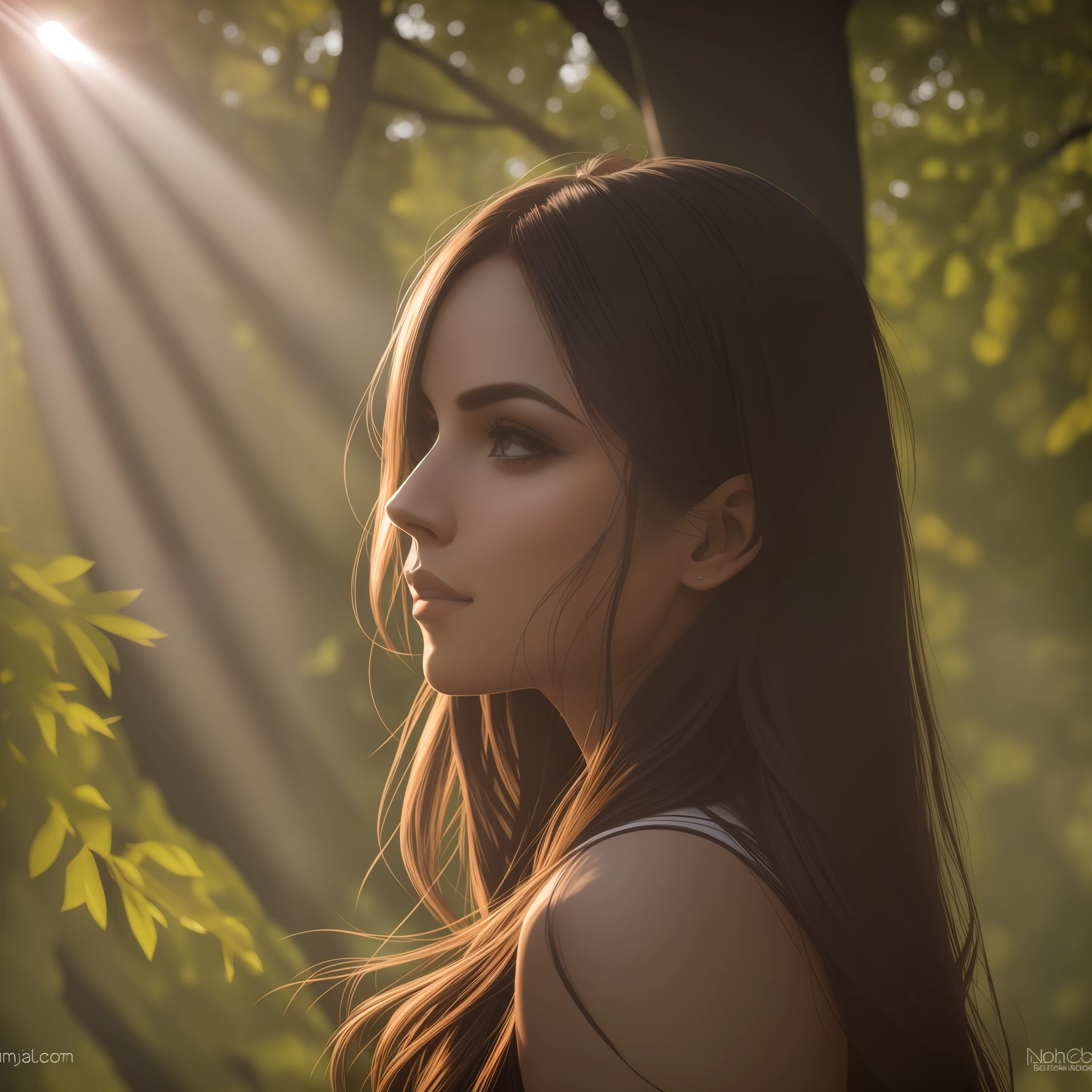 Sunlight peeks through the leaves of the trees, creating patterns of shadows and dramatic lighting around the woman.