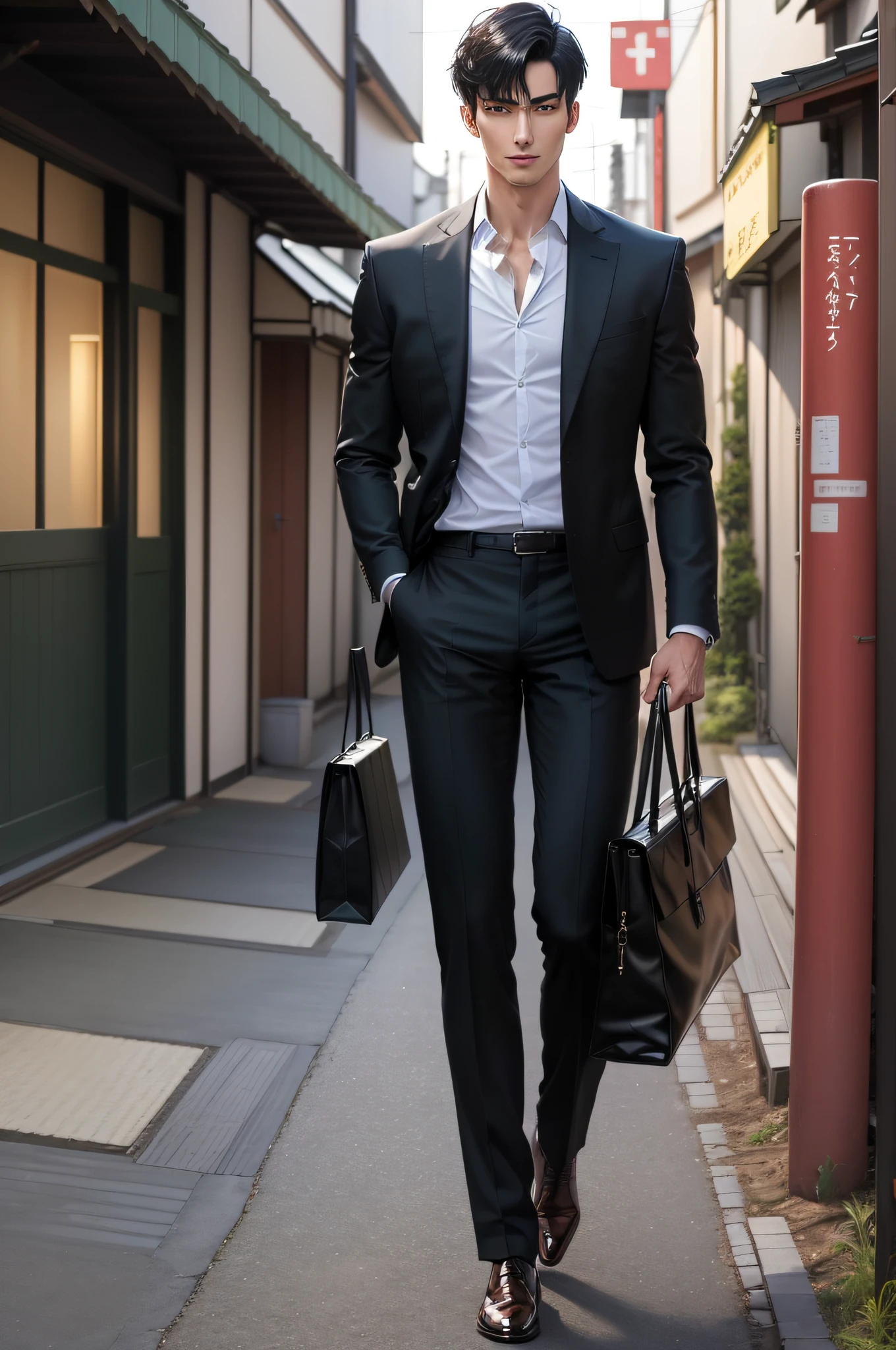 (highest resolution, distinct_image) Best image quality, male god masterpiece, high detail, semi-realistic, short black hair, black hair, bangs, 20 years old, young, tall and strong, green and red business suit, cold, serious, tall and handsome, authoritative, powerful, delicate facial features, exquisite facial features, wearing leather shoes, upright, being in a bright place outside, Japan person, little smile