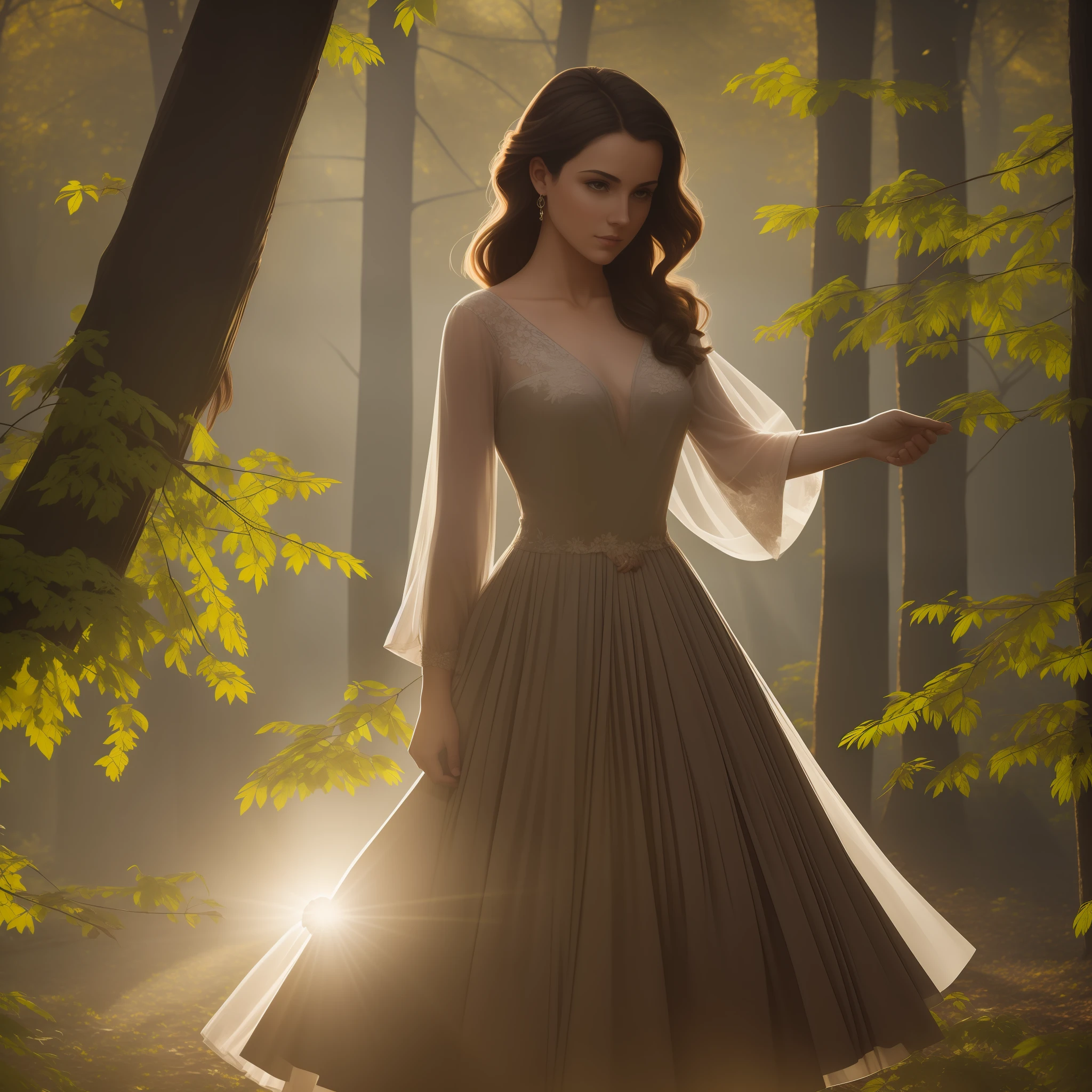 Sunlight peeks through the leaves of the trees, creating patterns of shadows and dramatic lighting around the woman.