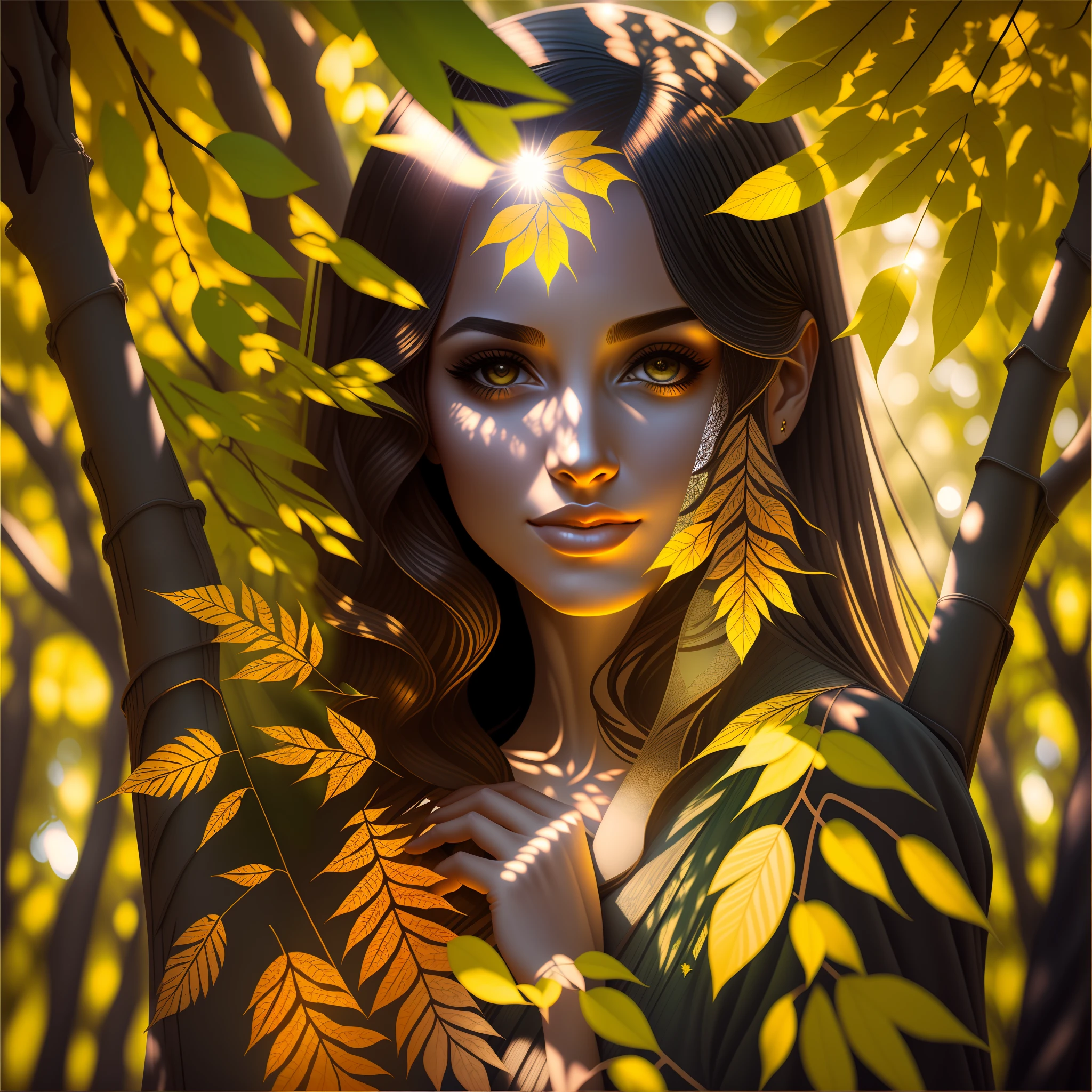 Sunlight peeks through the leaves of the trees, creating patterns of shadows and dramatic lighting around the woman.
