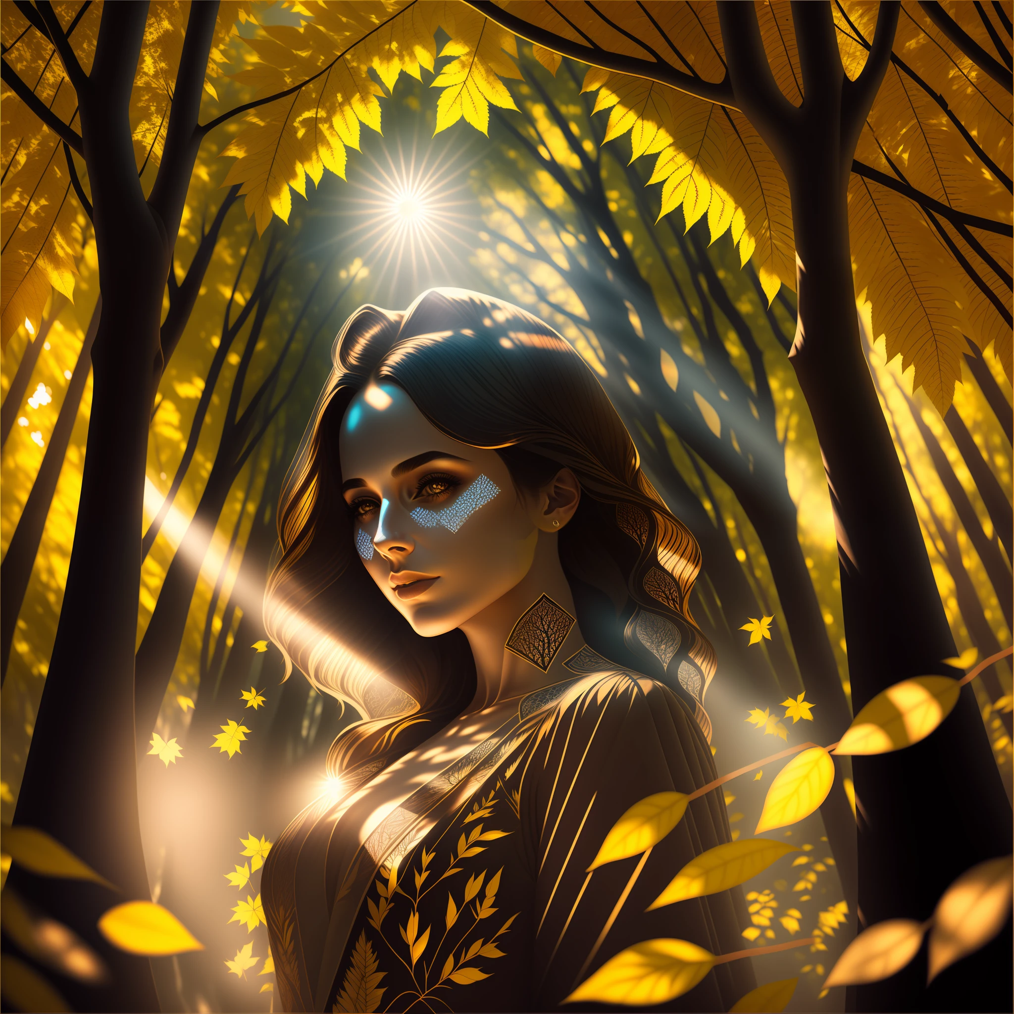 Sunlight peeks through the leaves of the trees, creating patterns of shadows and dramatic lighting around the woman.