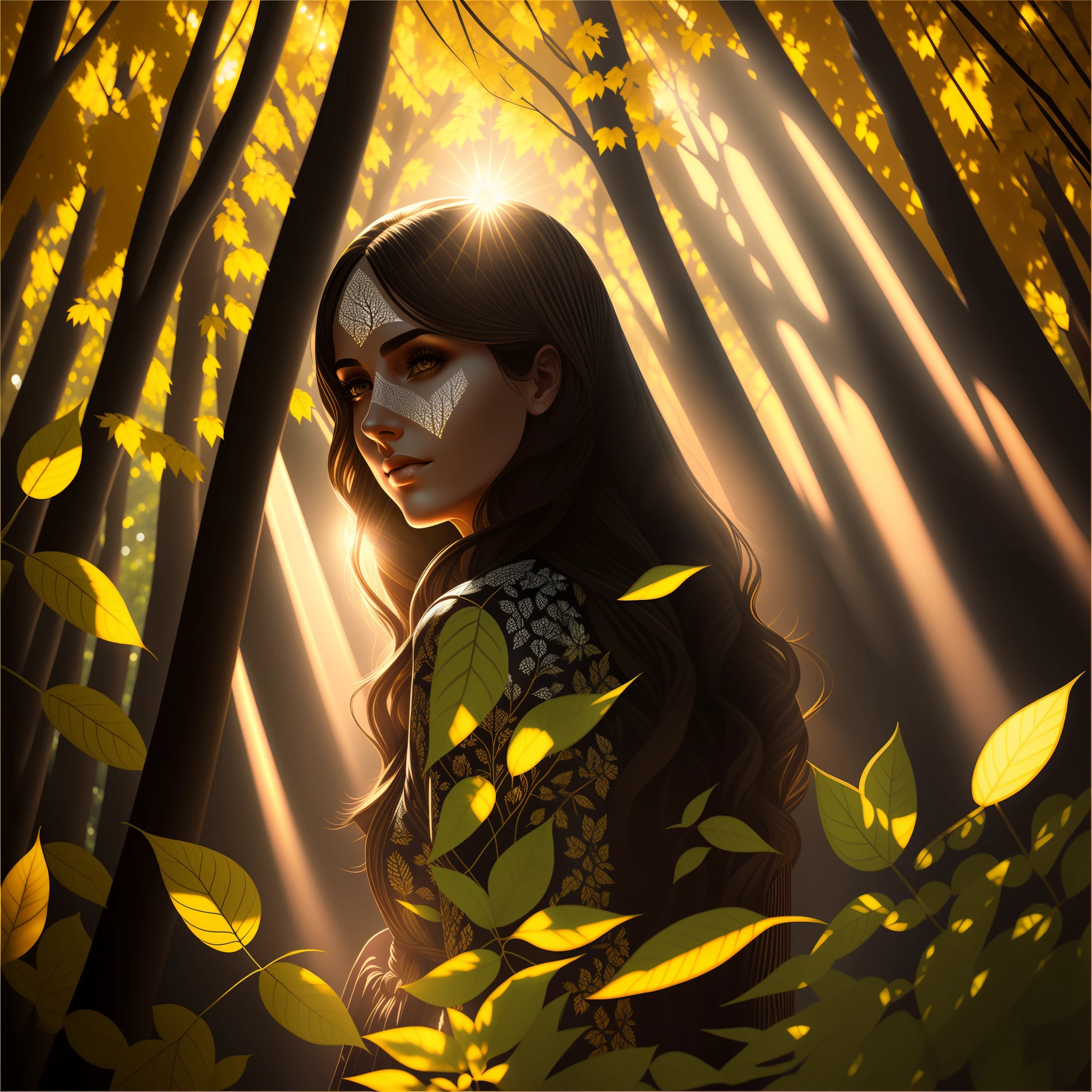 Sunlight peeks through the leaves of the trees, creating patterns of shadows and dramatic lighting around the woman.