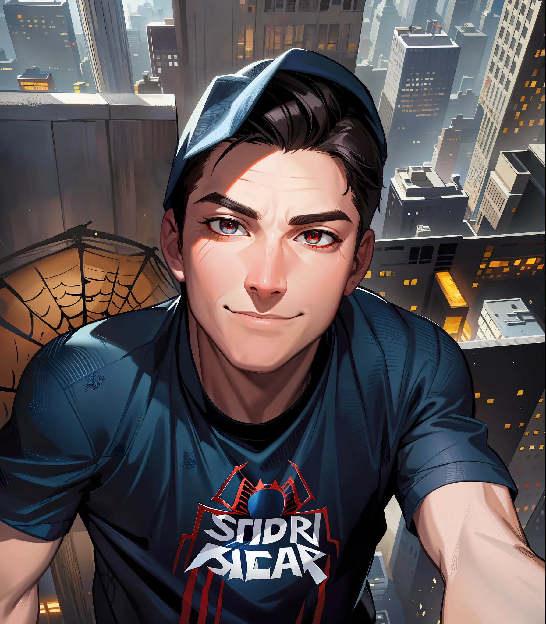 spider suit, spider web print, spider web, spider-man
Masterpiece, absurd, fine details, HDR, ((highly detailed face and eyes)), drawn spiderman,
eye focus,drawing
standing on the roof of a skyscraper, ((without mask)), looking at the viewer, smiling, short brown hair,
background of New York buildings,
