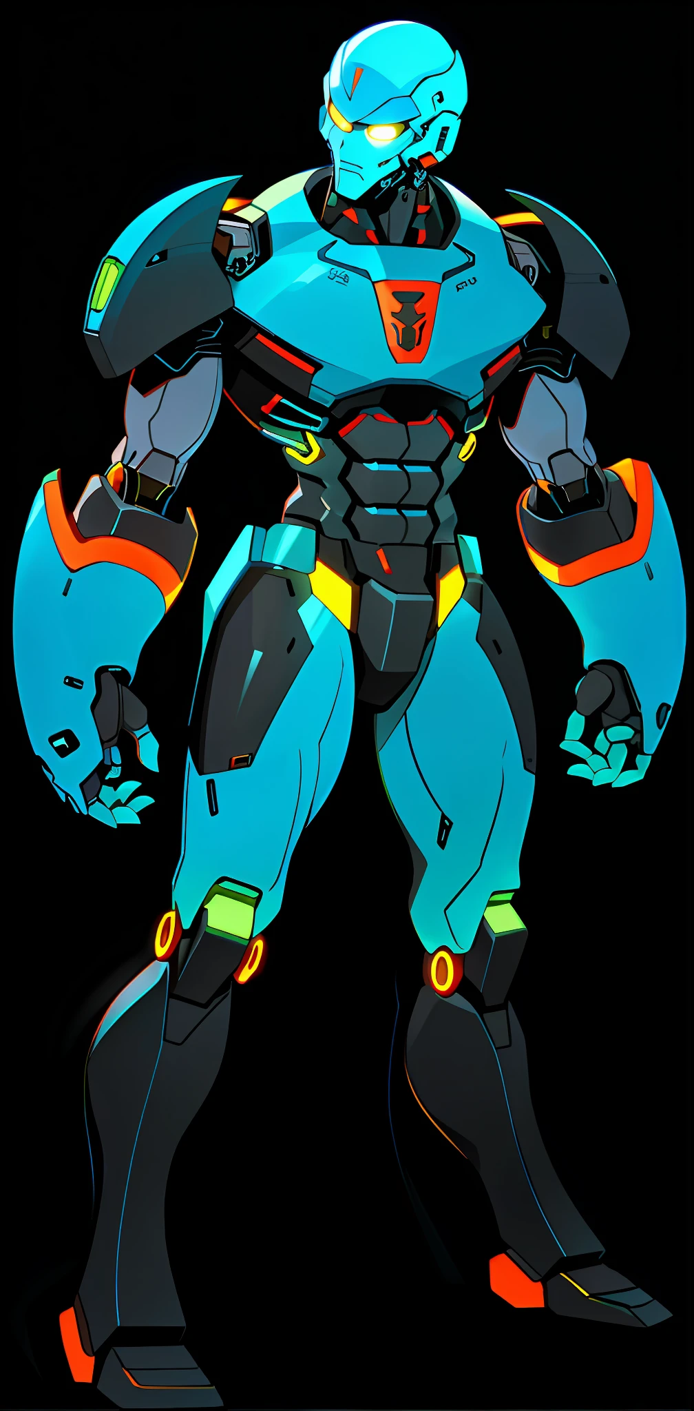 A drawing of a robot and a colorful, muscular body!! sci-fi, humanoid form, sci-fi armor! !!, robotic male antrum, muscular character, full body concept, like a titan, mecha style, full body mascot