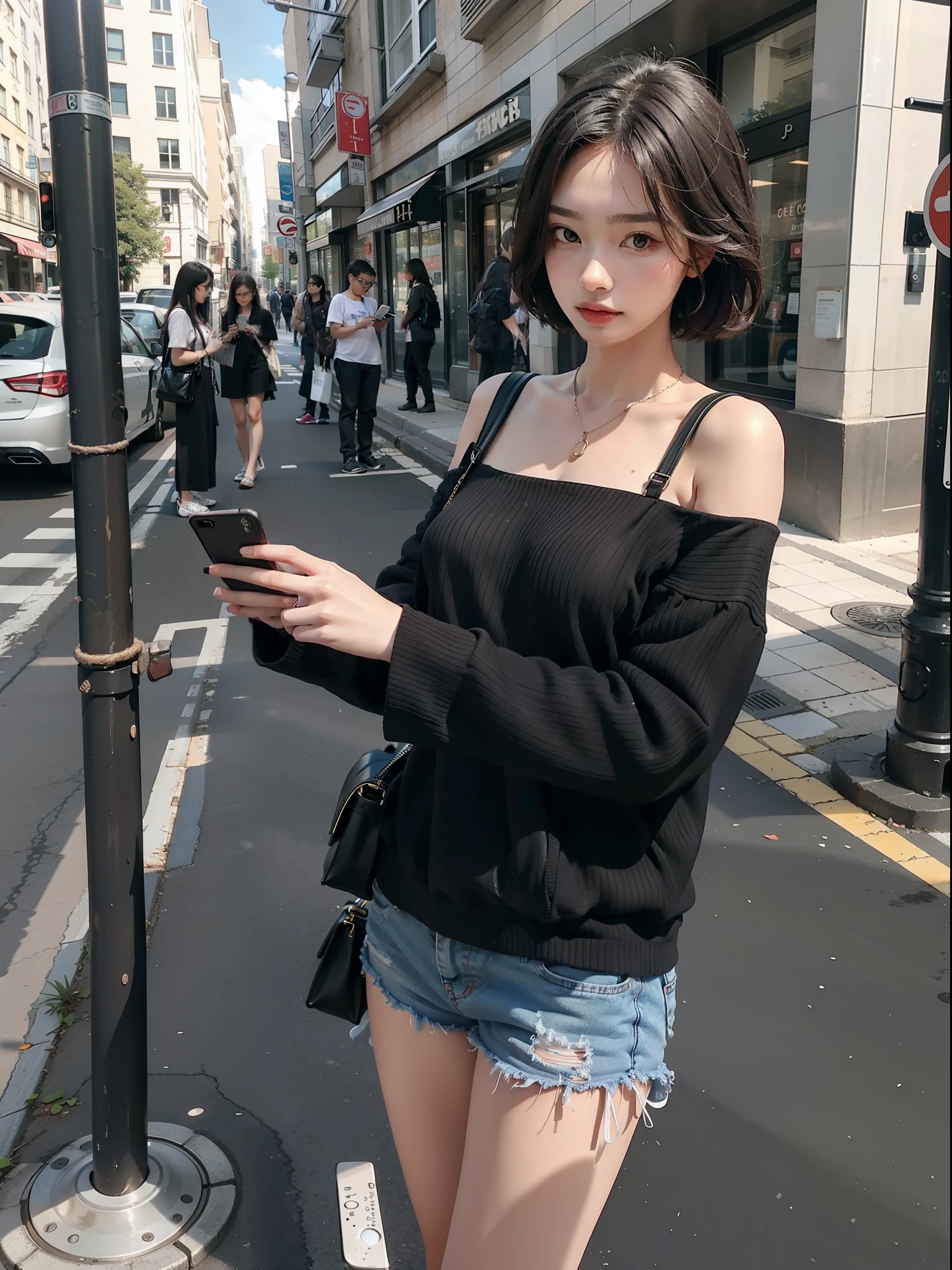 Beautiful woman, fiddling with cell phone in the middle of the street, short clothes