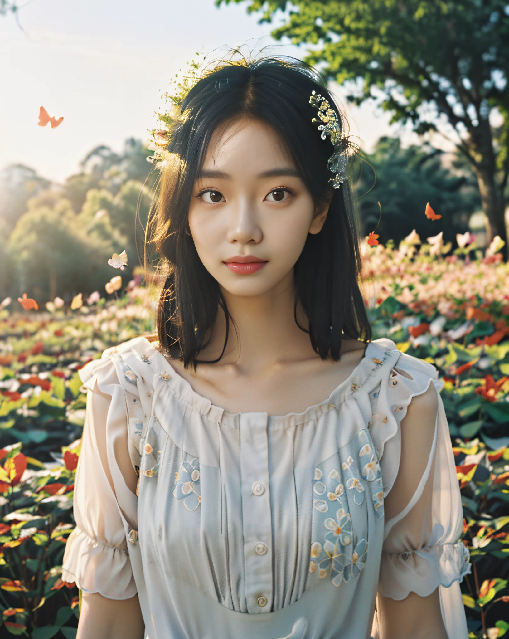 1girl, flowing sundress, floral headpiece, delicate makeup, (luminous eyes, smooth skin texture, gentle facial expression), golden hour lighting, serene garden setting, butterflies or flower petals, depth of field, warm color palette, whimsical atmosphere, high-resolution, soft focus.
portrait photography, 35mm film, natural blurry, filmg,