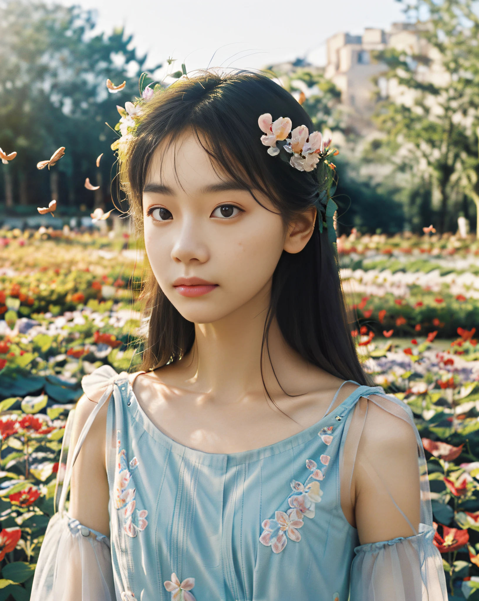 1girl, flowing sundress, floral headpiece, delicate makeup, (luminous eyes, smooth skin texture, gentle facial expression), golden hour lighting, serene garden setting, butterflies or flower petals, depth of field, warm color palette, whimsical atmosphere, high-resolution, soft focus.
portrait photography, 35mm film, natural blurry, filmg,